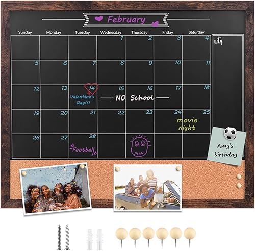 TORASO Pizarra magnética con calendario, tablero de anuncios combinado de 18 x 22 pulgadas, pizarra de anuncios con marco marrón nogal (ZHHB-BN-4555)