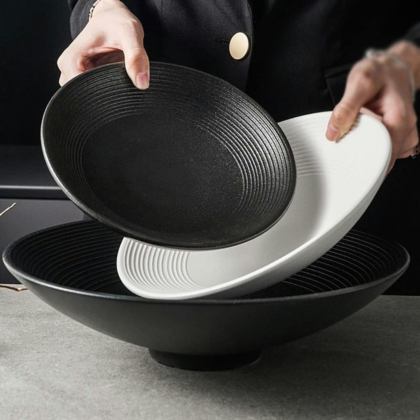 Szklane miski do sałatek, szklane mieszania, ceramiczne Miska na warzywa i owoce Duża miska użytku domowego sałatki Zupa makaron ramenu Miski zupy(Black,L)