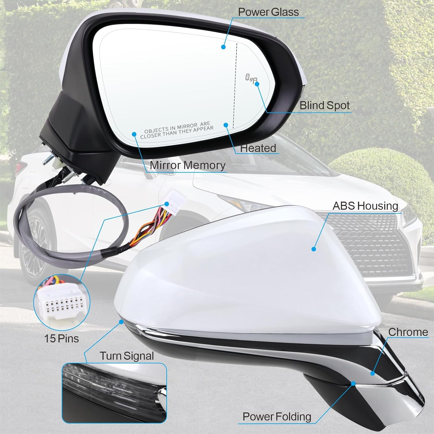 Right Passenger Side Mirror Compatible With 2016-2022 Lexus RX350 RX450h 2018-2022 RX350L RX450hL With Power Folding Heated Blind Spot Turn Signal Mirror Memory White Replace#87910-48881(15Pins)