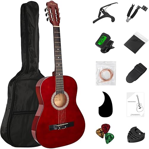 38in Beginner Acoustic Travel Guitar Basic Starter Kit Tuner Capo Strings Winders Strap Picks Pickguard with Gig Bag Starter Practice Guitar For Kids Teens Students Adults