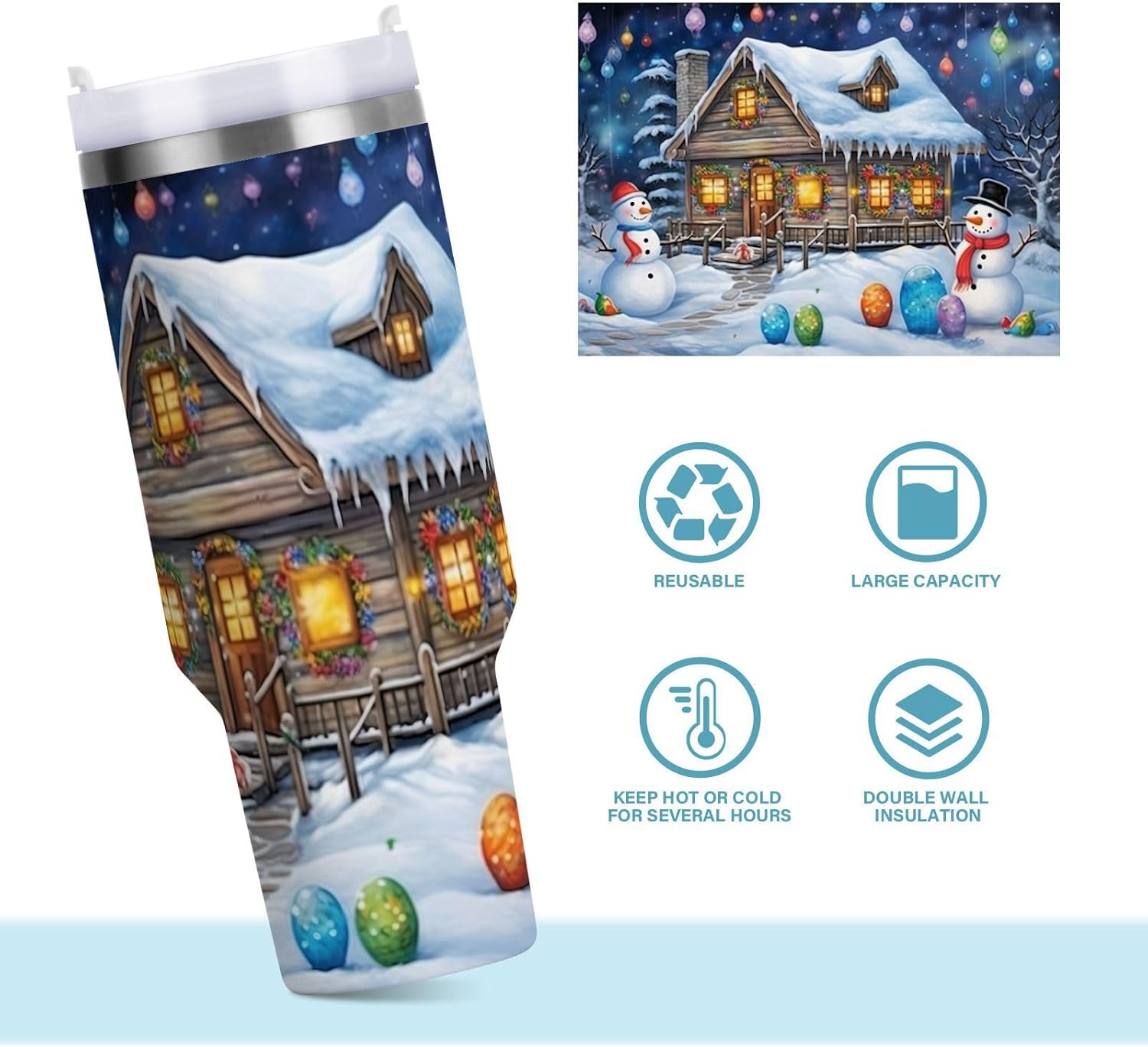 YETTASBIN Christmas Snowman 30 oz Tumbler with Handle, Stainless Steel Vacuum Insulated Sports Water Bottle, Leak-proof Travel Coffee Mug Cup with Lid and Straw for Water, Iced Tea or Coffee - Image 8