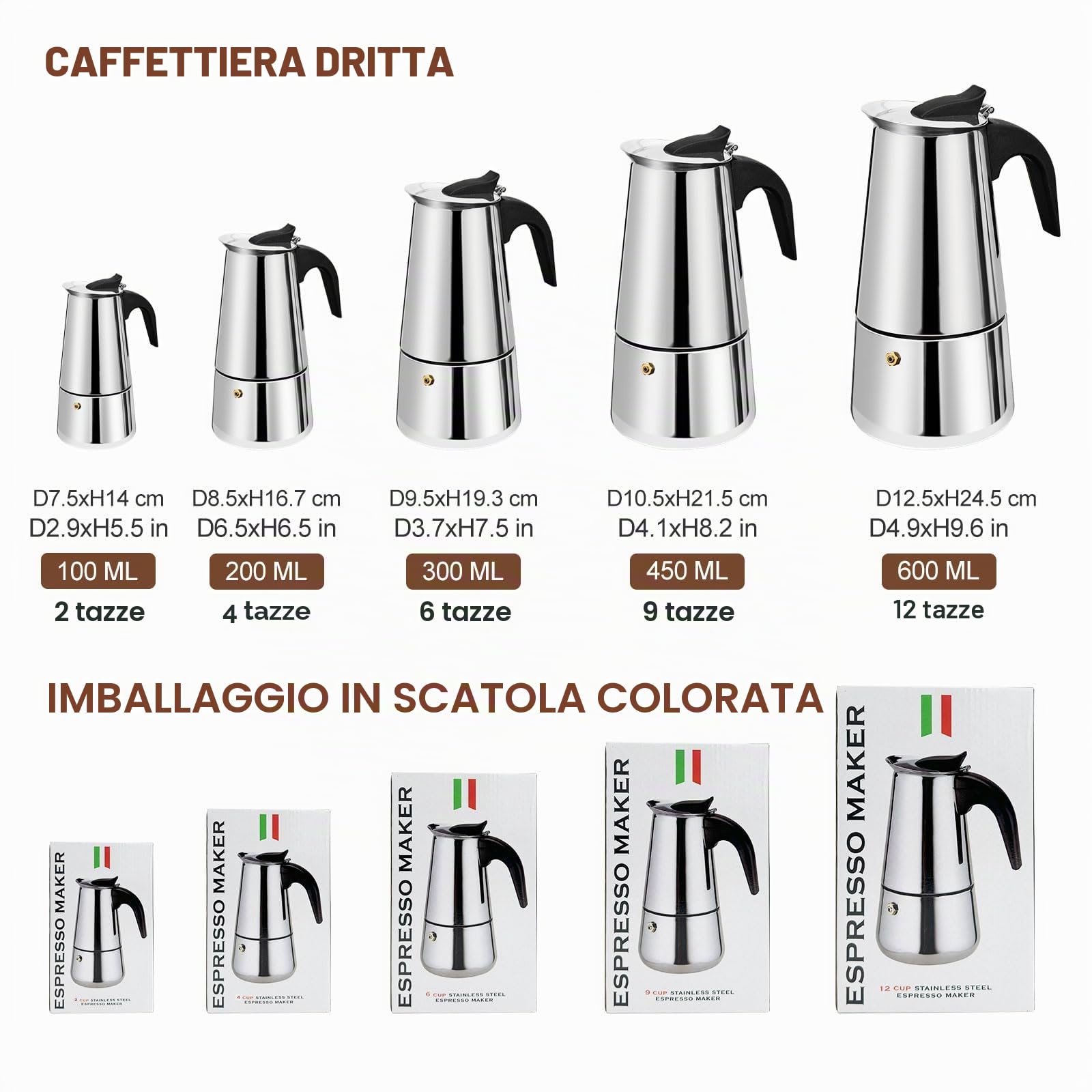 12 Tazze Stovetop Espresso Maker Moka Pot Espresso Maker in acciaio inox Percolator Italian Coffee Maker Capable Mocha Coffee Machine Cafe Classic Maker for Home & Camping 600ml 20oz