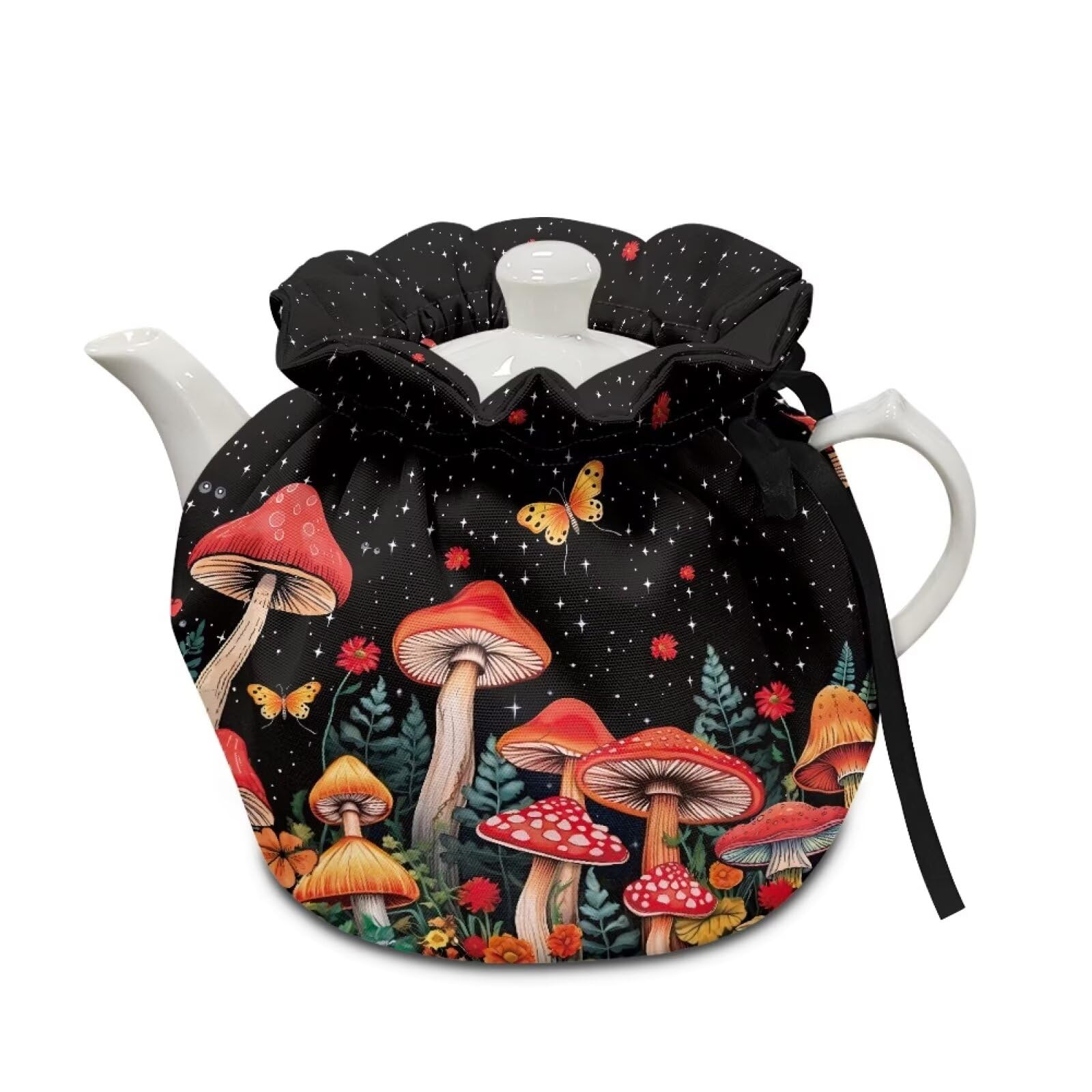 Red Mushroom Butterfly Kitchen Teapot Dust Cover Insulation and Keep Warm Washable Teapot Cosy Breakfast Warmer for Home Tea Party Decor Both Sides Can Be Used