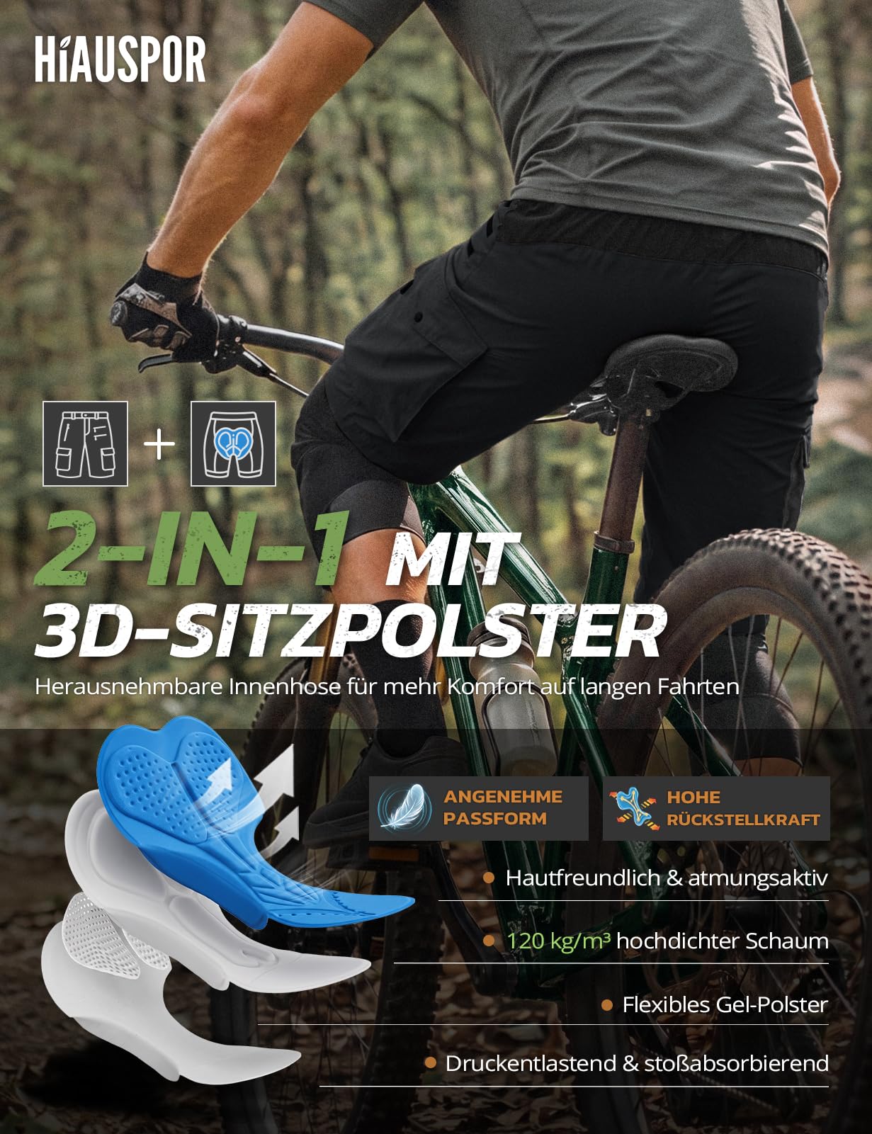 Hiauspor Short de VTT pour Homme - Short de Cyclisme rembourré 3D - Coupe Ample - Poches zippées pour VTT et randonnée