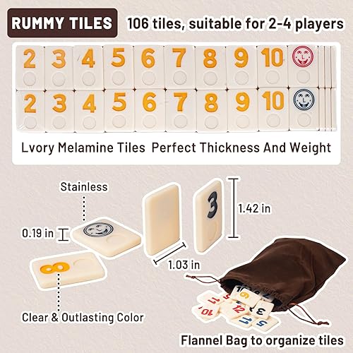 Miniatura 4 de Juego de cubo Rummy para 4 jugadores, con 4 bastidores de maderabandejas, juego de 106 azulejos con bolsa de lona, juego de viaje de azulejos Rummy