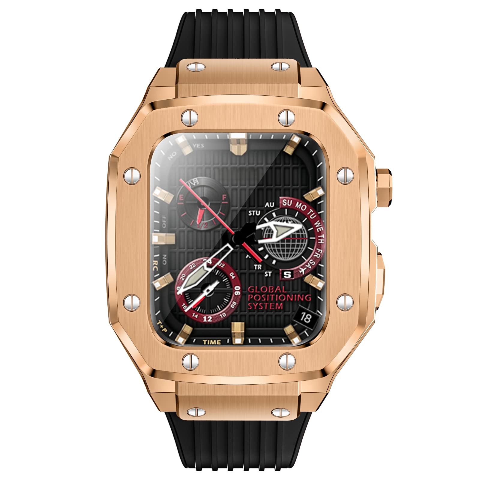 Luxury Band Case Compatible with Apple Watch Series 7 45mm, Men Rugged Protective Case with Soft Silicone Sport Band, Drop-proof Metal Bumper with Strap for 44mm Apple Watch Series 6/5/4 iWatch SE