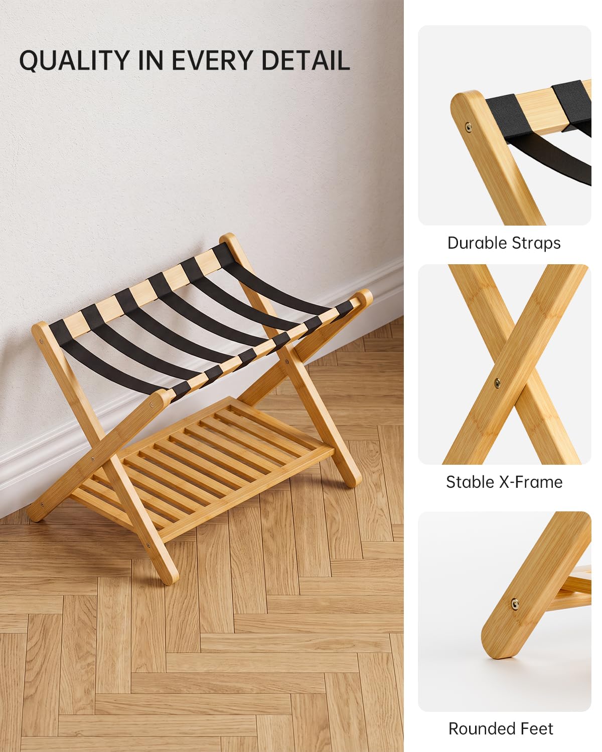 SMIBUY Porte-bagages, support de valise pliable en bambou avec étagère de rangement pour chambre d’amis, chambre, hôtel, robuste (naturel et noir)