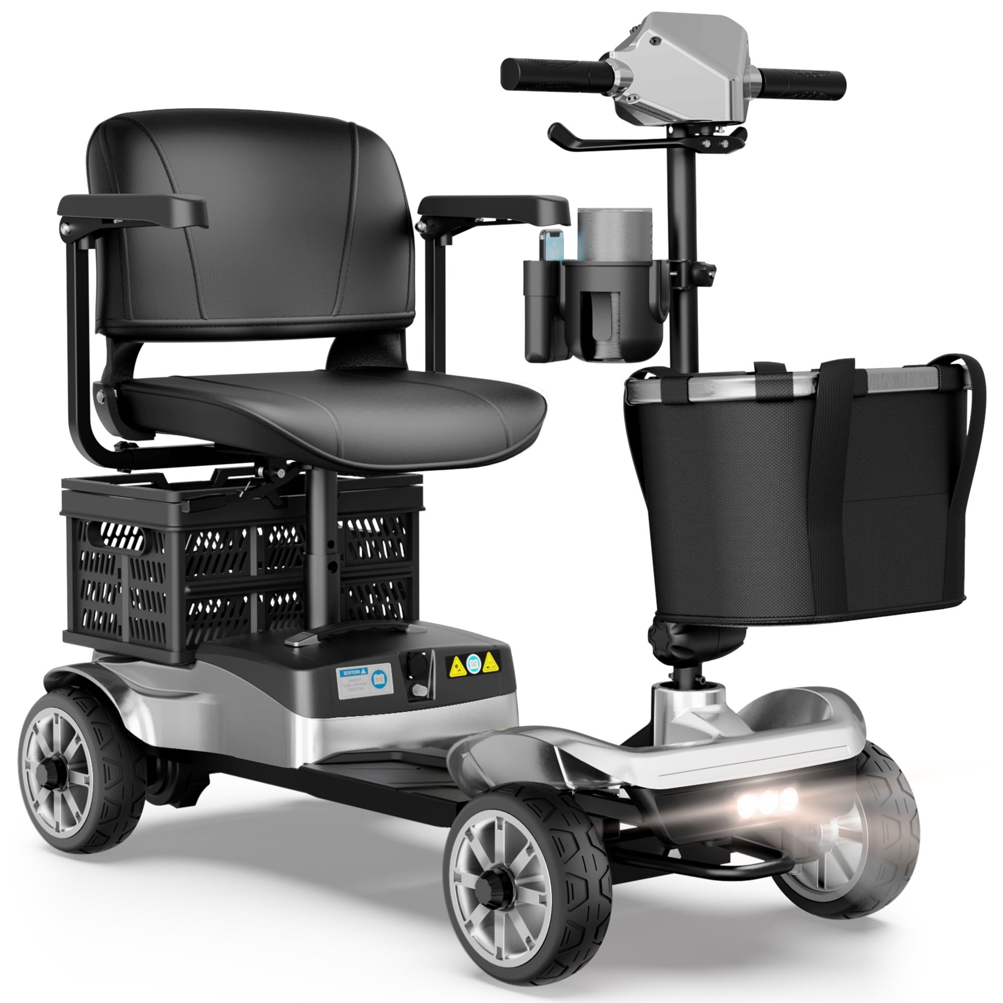 4-Wheel Mobility Scooter for Adults – Foldable Portable Motorized Scooters with 330lbs Capacity, Detachable Battery, Dual Baskets, Cup &amp; Phone Holder, Silver
