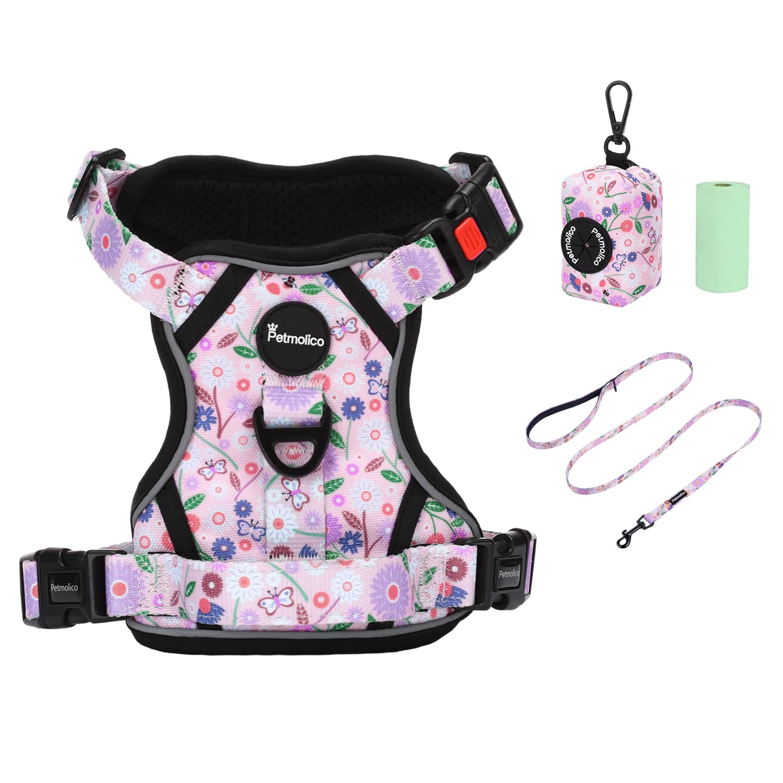 Petmolico No Pull Dog Harness Set with Leash Attachment Easy Control Handle Reflective Harness Vest Small Breed, Puppy Vest and Leash Set with Poop Bag Holder, Small - Pink Flowers — image 1