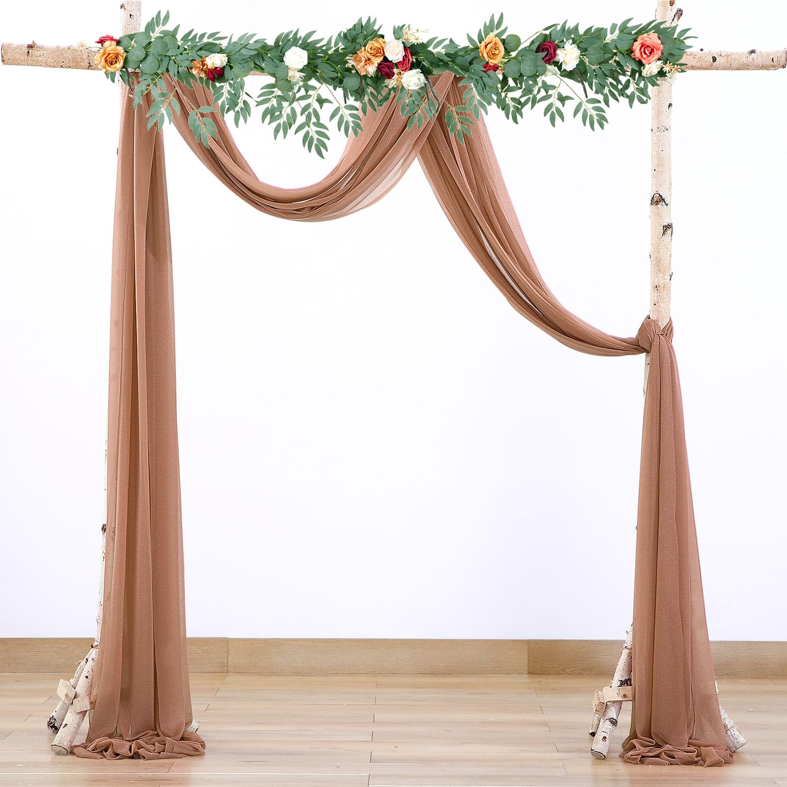 BOYOUTH Brown Voile Swag Scarf Valances Curtains,Long Sheer Chiffon Fabric Backdrop Curtains Scarves for Wedding Arch Draping,Party Outdoor Decor,30 by 118 Inches,1 Panel