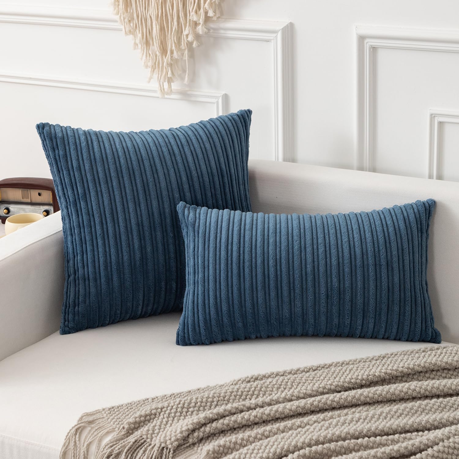 Kevin Textile Throw Pillow Covers Soft Corduroy Decorative Set of 2 Boho Striped Pillow Covers Pillowcases Farmhouse Home Decor for Couch Bed Sofa Living Room 24x24 Inch Dusty Blue - Image 4