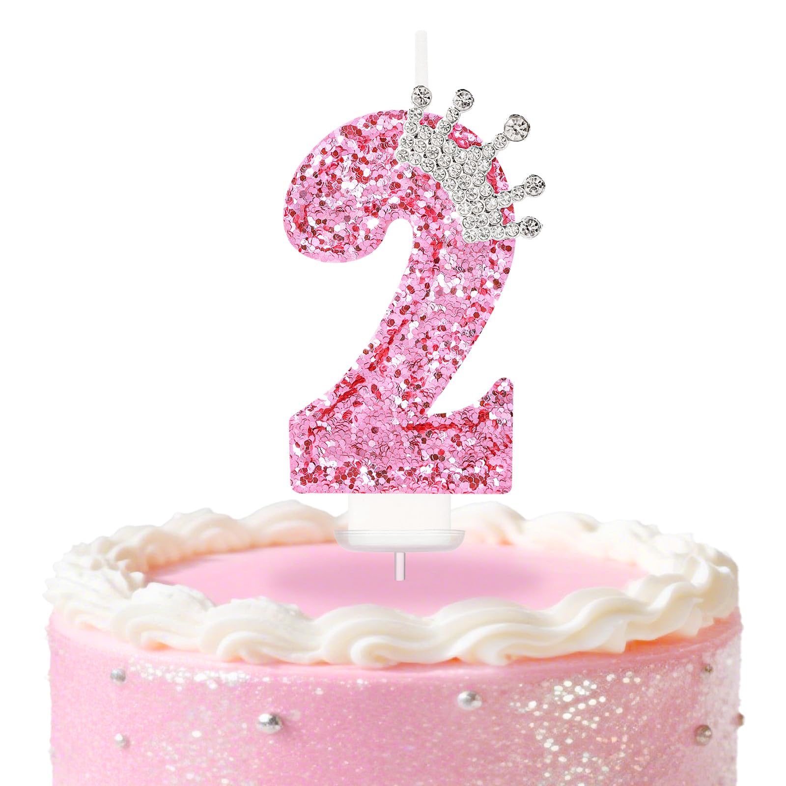 Pink Crown Birthday Candles, Number Candles for Cake Decorations, Glitter Number 2 Candles Cake Topper with Sequins for Girls, Birthday Party Supplies