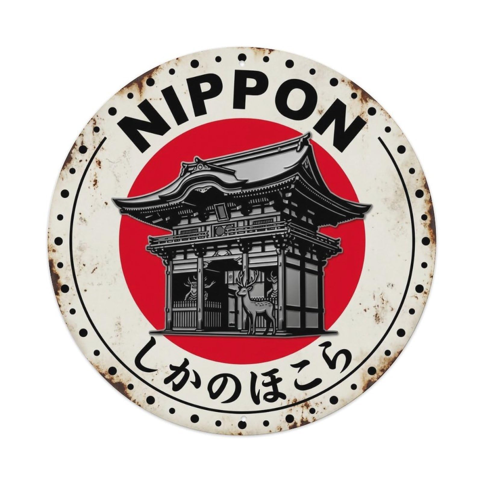 Deer Shrine Nippon Sacred Animal Building Weathered Metal Tin Sign