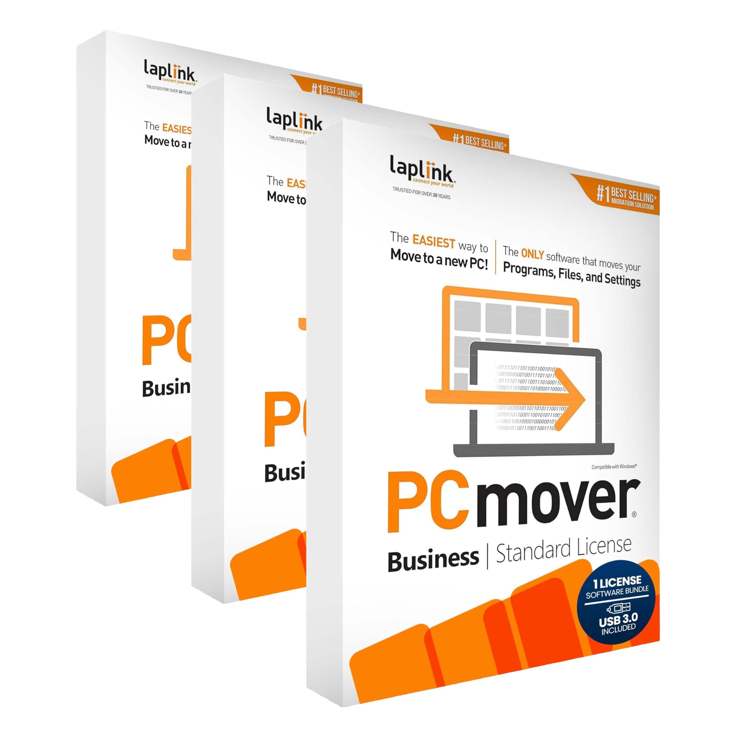 Laplink PCmover - Migrate Applications, Files, User Profiles &amp; Settings from Old to New PCs - Data Transfer Software with Optional Super Speed USB 3.0 Cable - Business Standard, 1 License (Pack of 3)