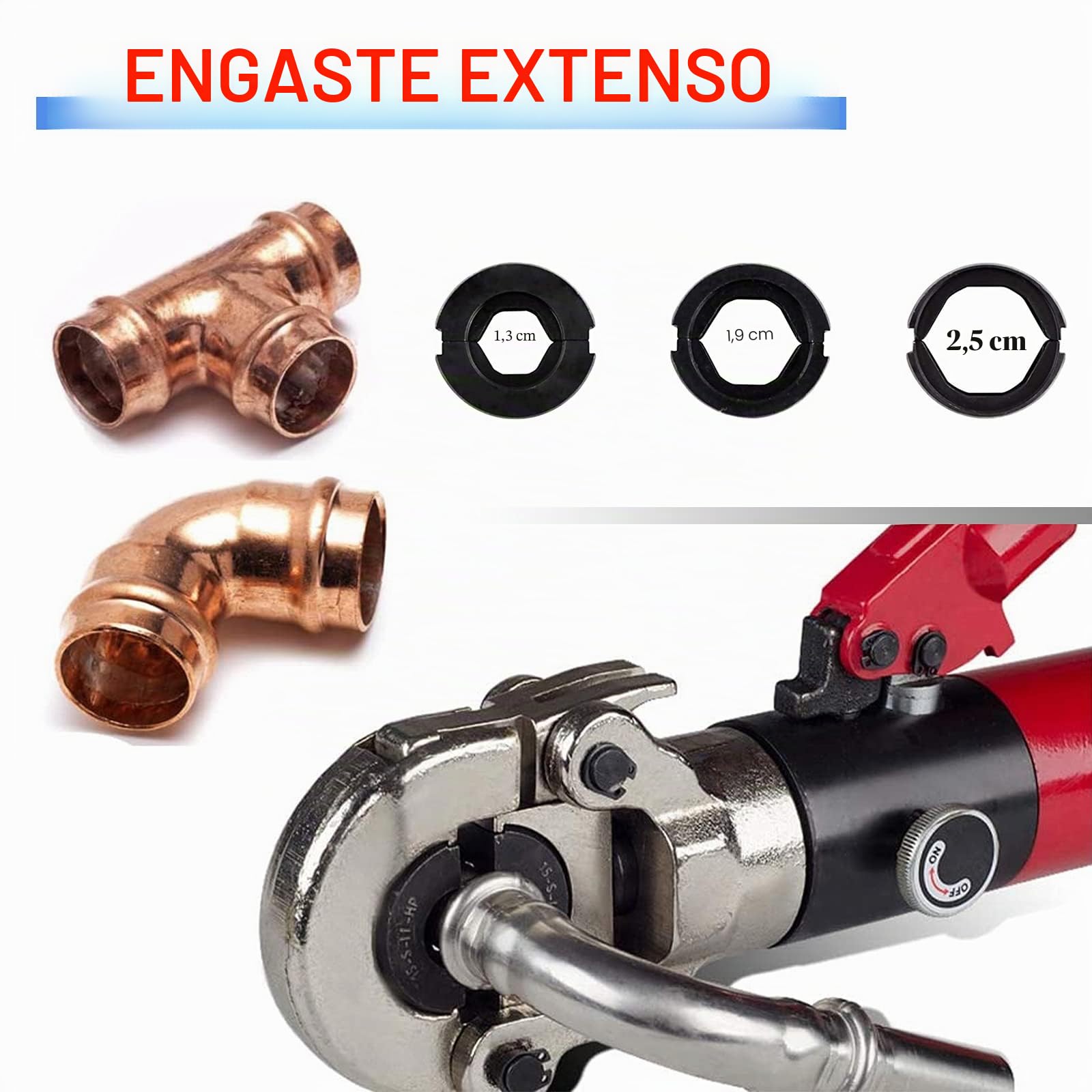 Herramienta hidráulica de prensado de tubos de cobre, accesorios de tubería de cobre, herramienta de crimpado y fontanería con troqueles de crimpado mordaza de 1/2", 3/4", 1" (rojo)