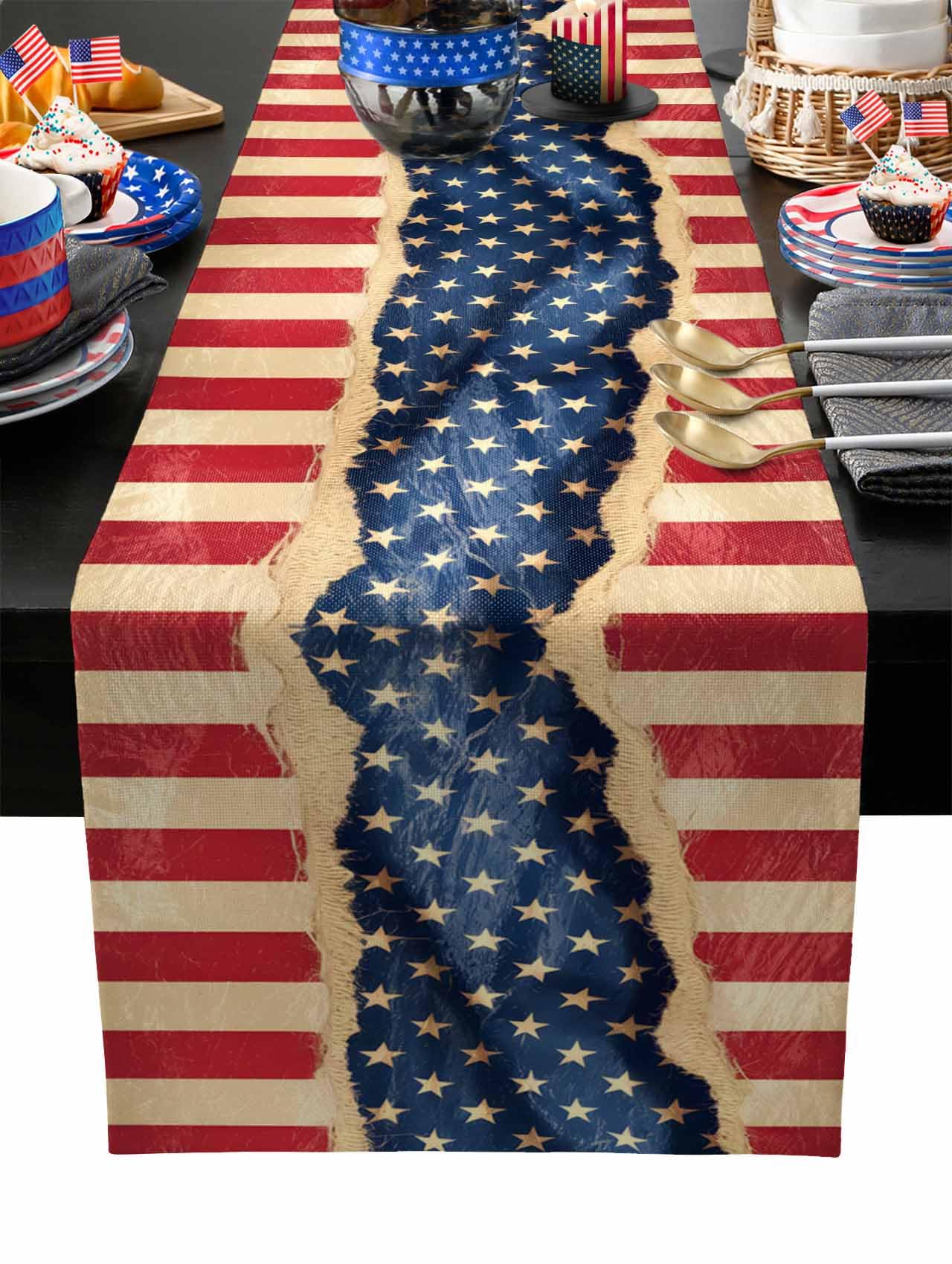 4th of July Table Runner 13x90 Inches Long Red White and Blue Star Strips Table Runners Cotton Linen Retro American Flag Independence Day Dresser