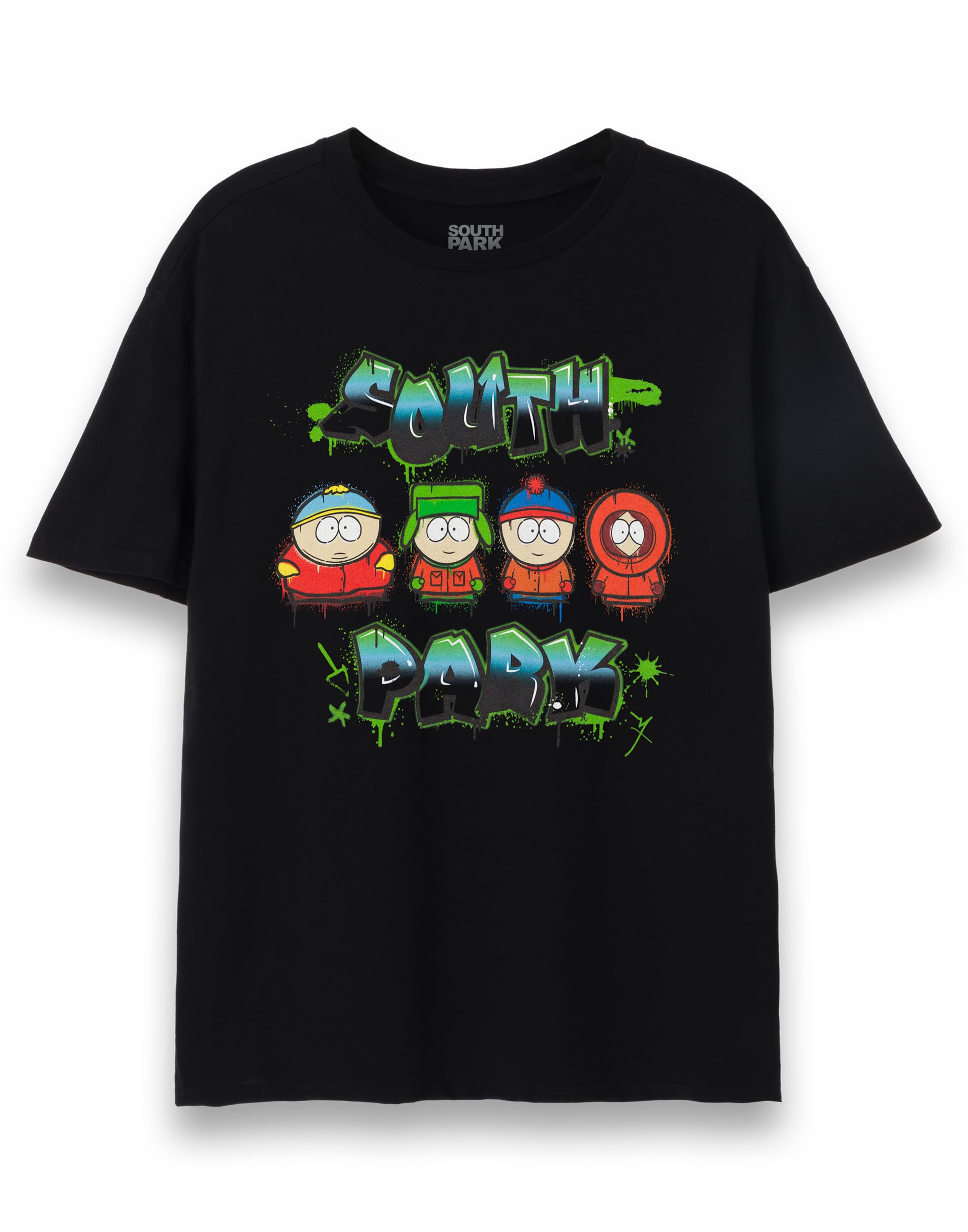 South Park Men's Black T-Shirt | Adults Short Sleeve Graphic Tee | Green Graffiti Eric Cartman, Kenny, Stan & Kyle | Animated Comedy Series Apparel Top | Tv Series Merchandise Gift For Him