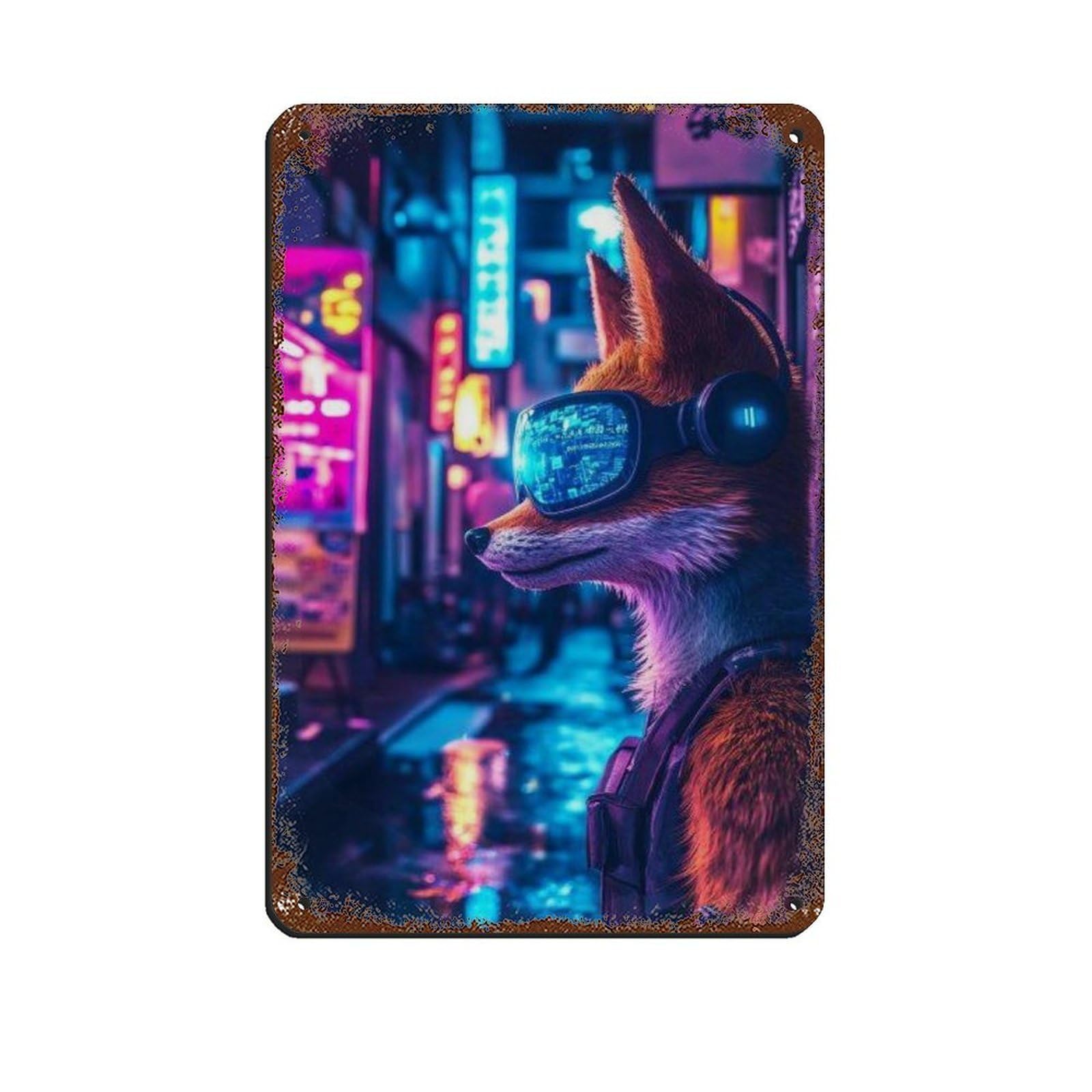 Lxwnze 20L X 30W Cm Cyberpunk Fox, Futuristic Animal Decor Retro Poster Metal Tin Sign Chic Art Retro Iron Painting Bar People Cave Cafe Family Garage Poster Wall Decoration 8X12inch(20X30cm)