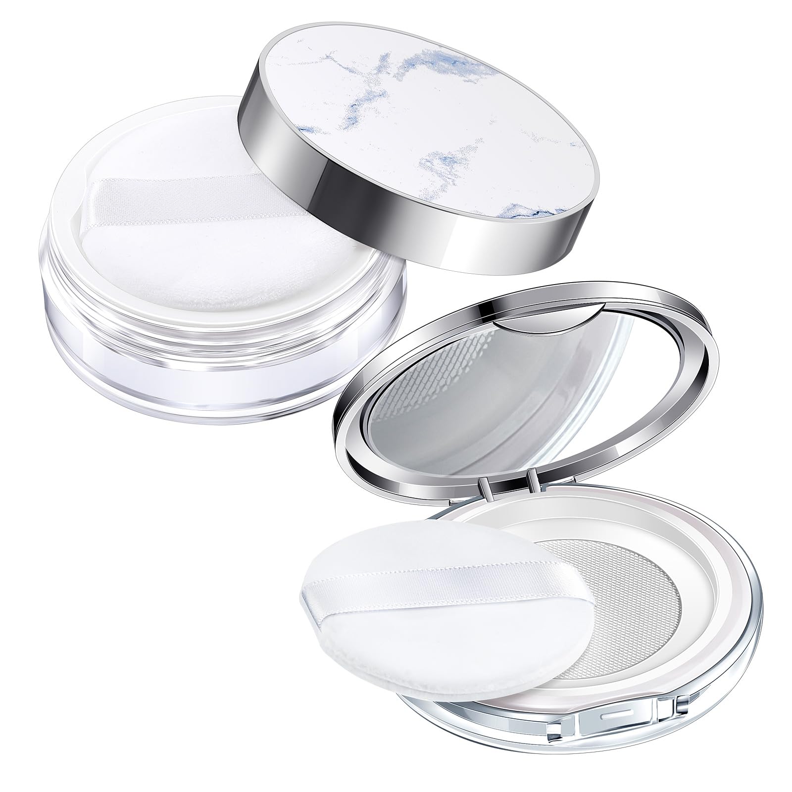 Cunhill 2 Pcs Loose Powder Container with Puff 0.17/0.7 oz Reusable Plastic Empty Case Portable DIY Makeup Powder Container Compact Case with Mirror