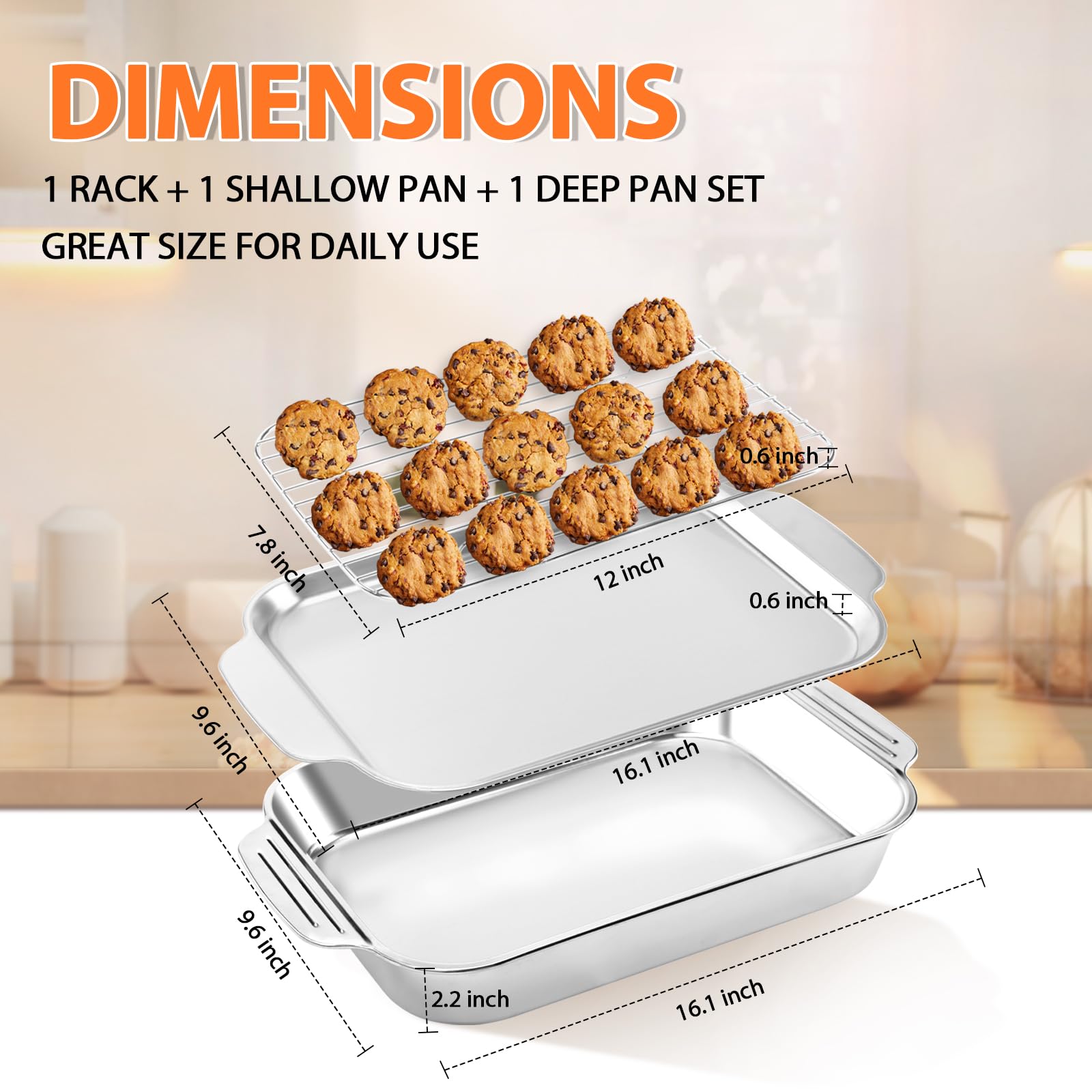 Backformen-Set mit Gestell: 3-teiliges Edelstahl-Backblech-Set, breiter Griff, Küchen-Backformen für Kekse, Kuchen, 40,6 x 24,4 cm tiefes Lasagne-Pfannenbräter, spülmaschinenfest