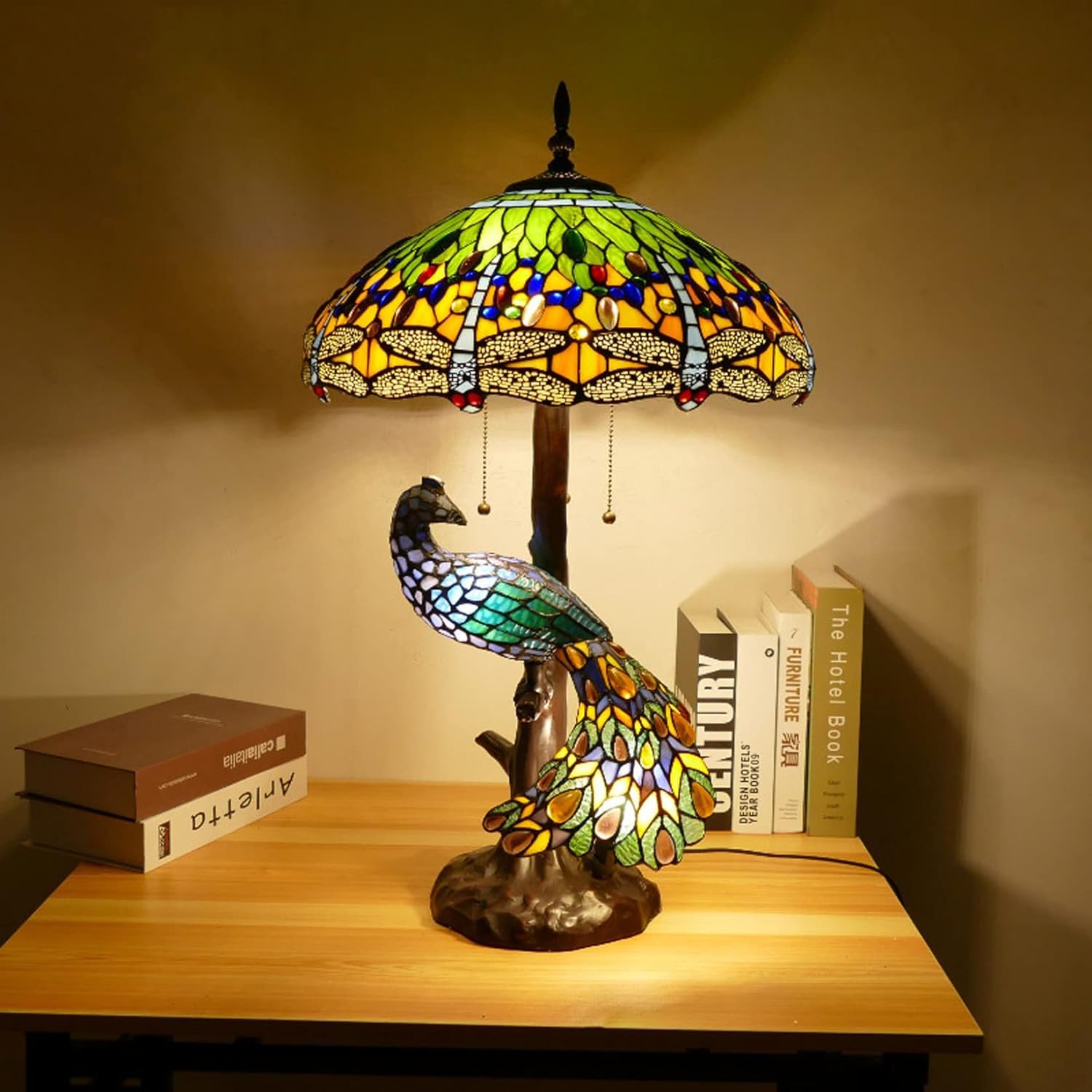 TANG SHITiffany Style 5-Lights Dragonfly Table Lamp Vintage Handmade Stained Glass Desk Lamp with Peacock Base for Living Room Bedroom Cafe Bar (Color : Green)