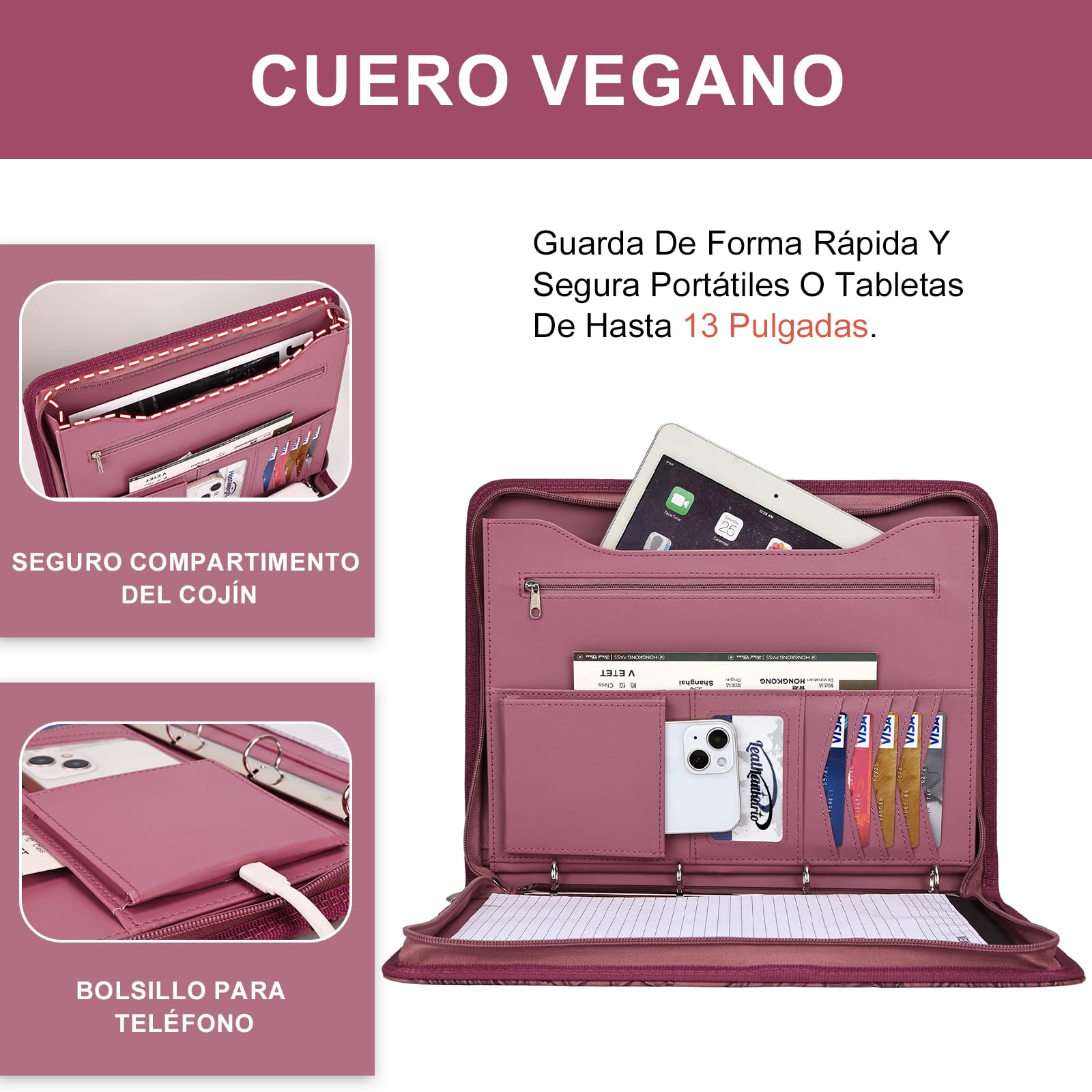 Leathario Carpeta de Conferencias A4 con Carpeta, Carpeta de Documentos para Viaje con 3 cuadernos y 10 páginas de índice transparente