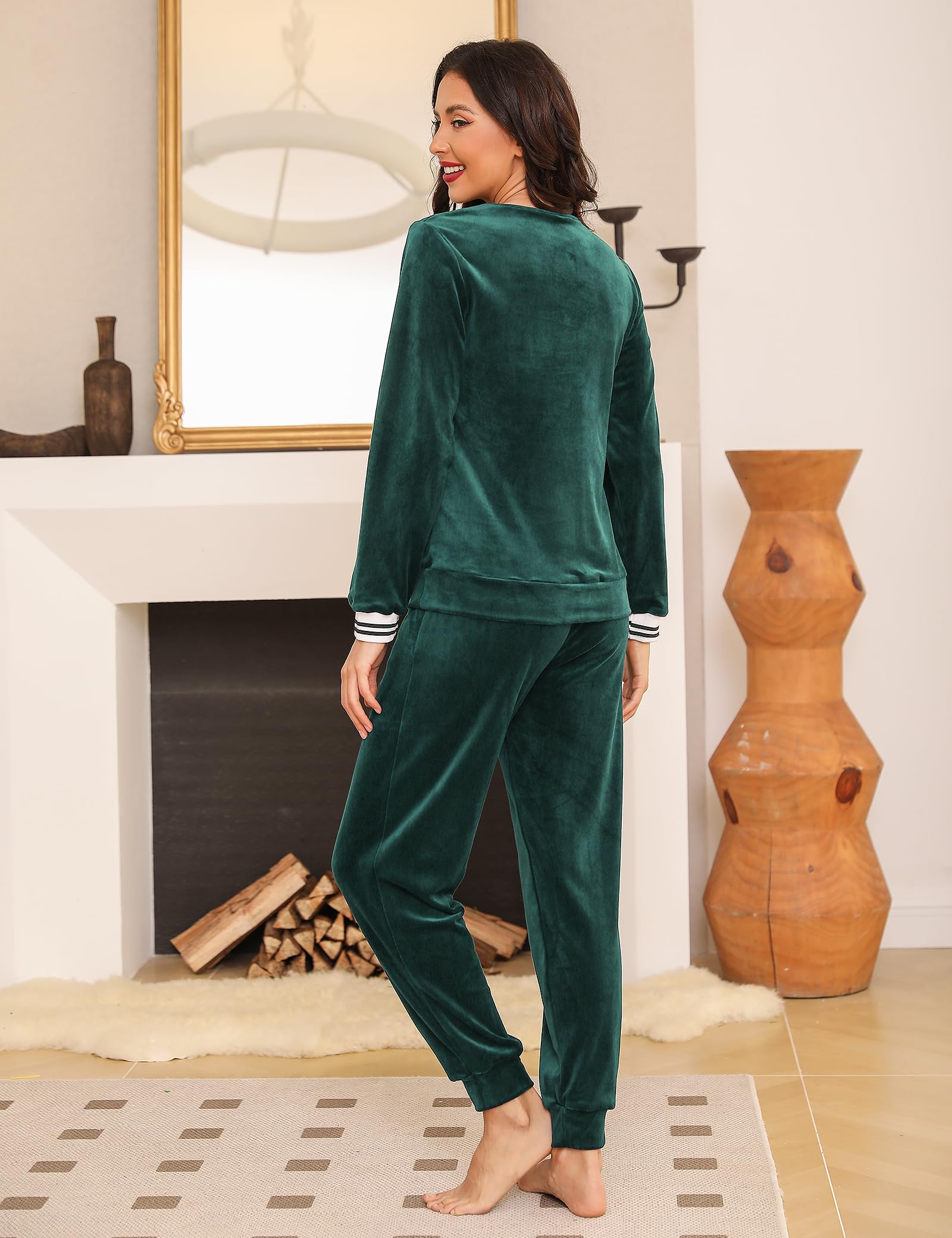 Irevial - Conjunto de sudaderas con cuello en V a rayas de terciopelo aplastado con bolsillo - verde - Medium