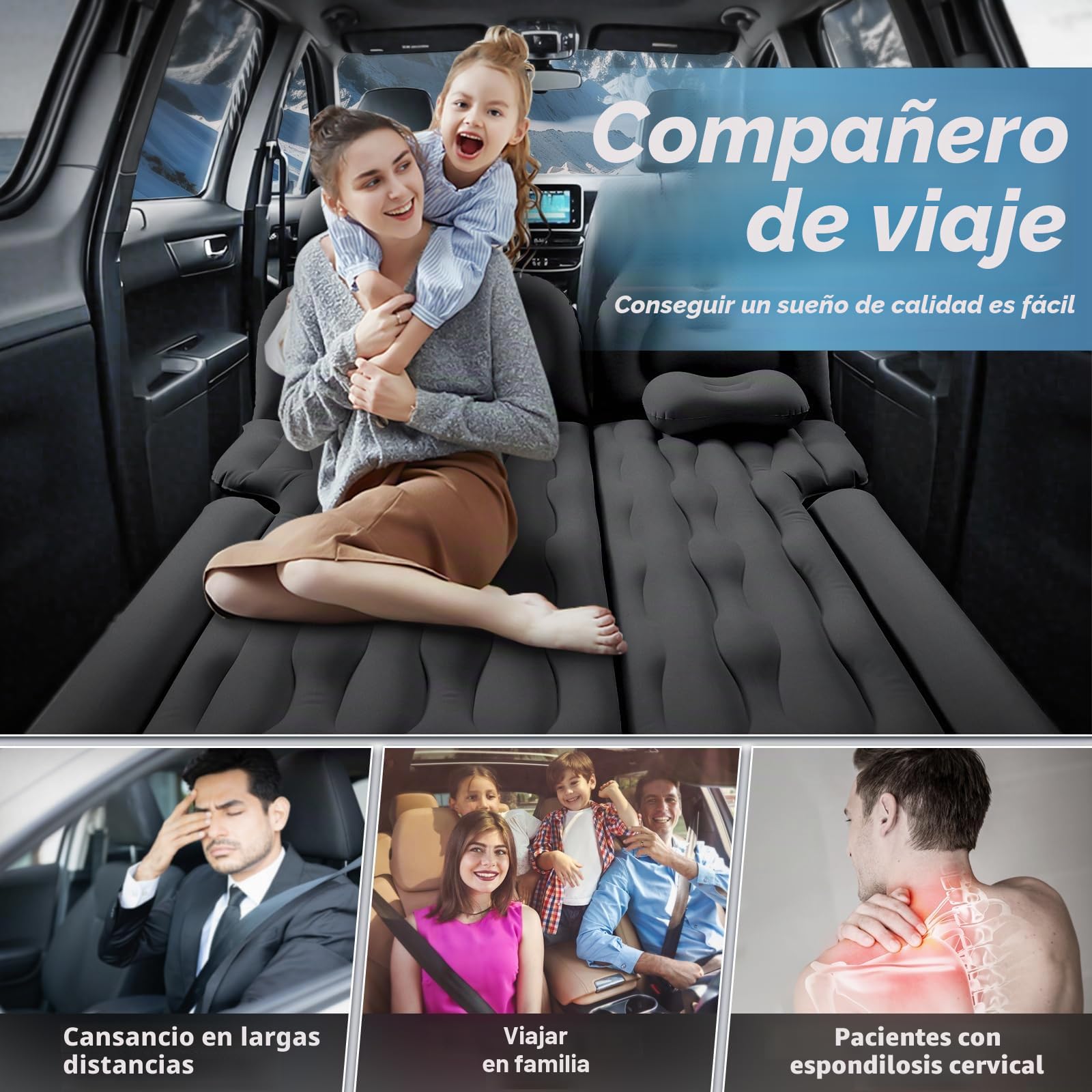 FORMIZON Colchon Coche, 180X140cm Cama Hinchable Coche con Bomba de Aire + 2 Almohadas para Cama del Asiento Trasero del Coche y SUV, Colchón de Aire Coche para Viaje y Camping (Negro)