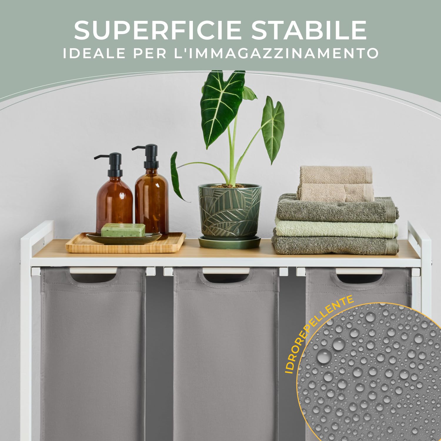 Blumtal cesto biancheria sporca 3 scomparti in grigio per organizzare - cesta portabiancheria design scomparti estraibili con ripiano superiore in materiale effetto cemento - struttura in metallo nero
