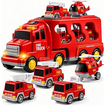 5-in-1 Fire Brigade Truck Toy for Children Friction Powered Transporter with 4 Fire Vehicles Years for Boys and Girls with Lights and Sounds for Toddlers 4 5 6