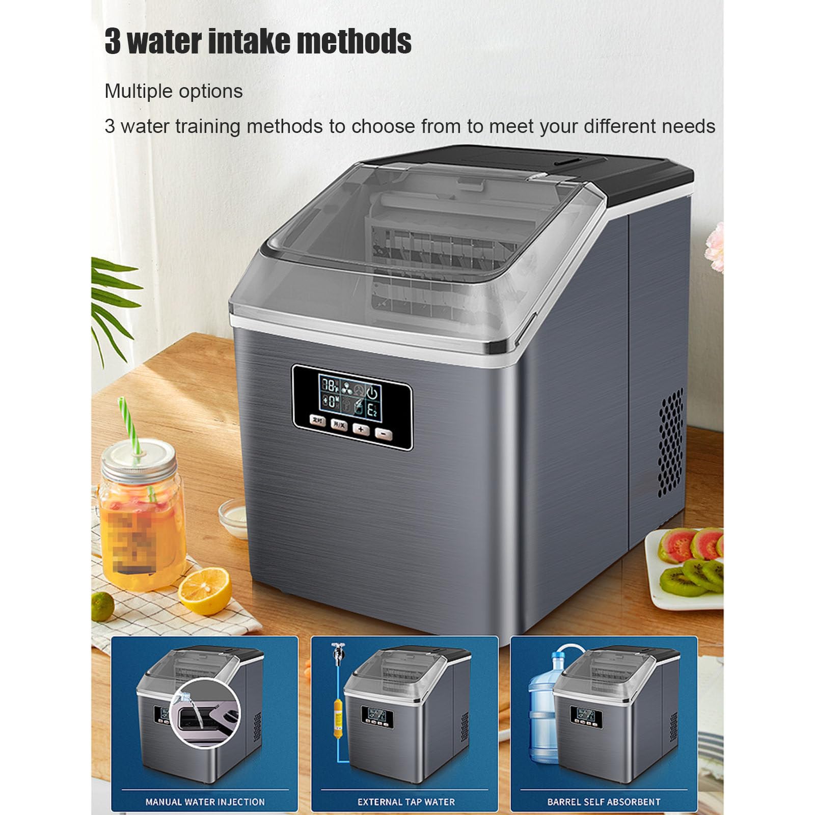 Máquina de hielo de sobremesa: 3 formas de añadir agua, producción de hielo de 25 kg/día, capacidad de almacenamiento de 1,3 kg para uso en el hogar, la cocina, la oficina y el bar (adicional).