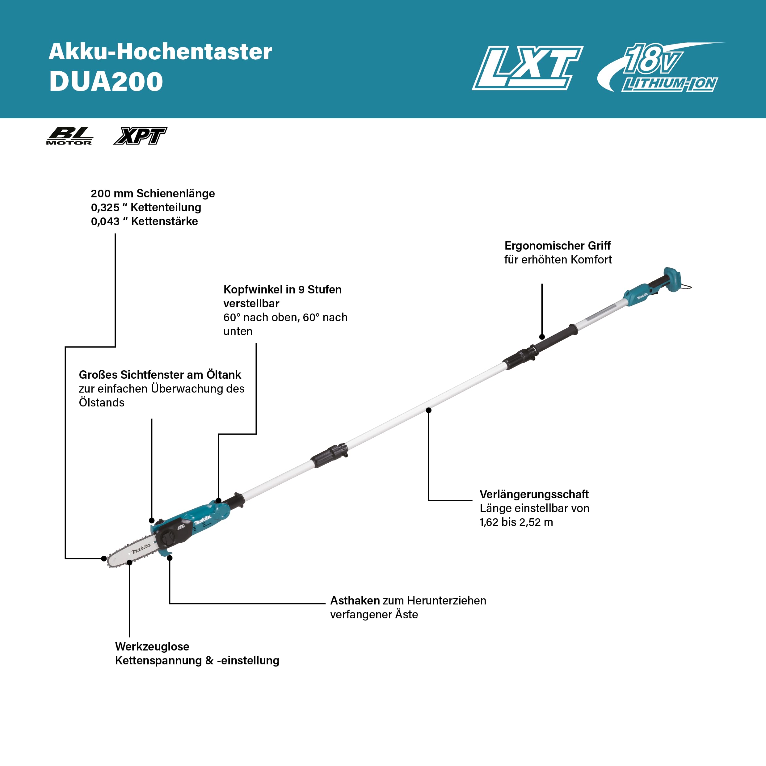 Makita DUA200Z Akku-Hochentaster 18V (ohne Ladegerät und Akkus)