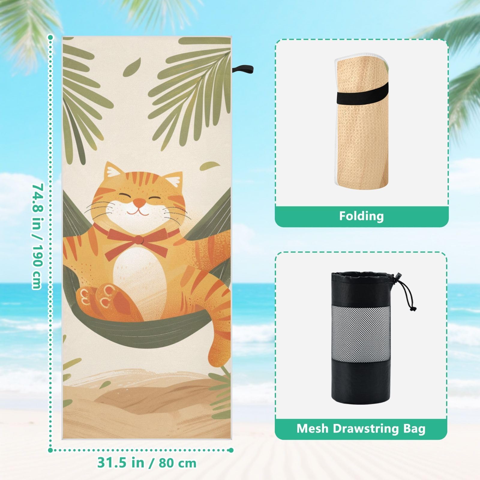 Grandes serviettes de plage avec sacs en maille pour adultes, motif chat heureux dans un hamac, serviette de bain avec fermeture magnétique, anti-sable, serviette à séchage rapide pour piscine