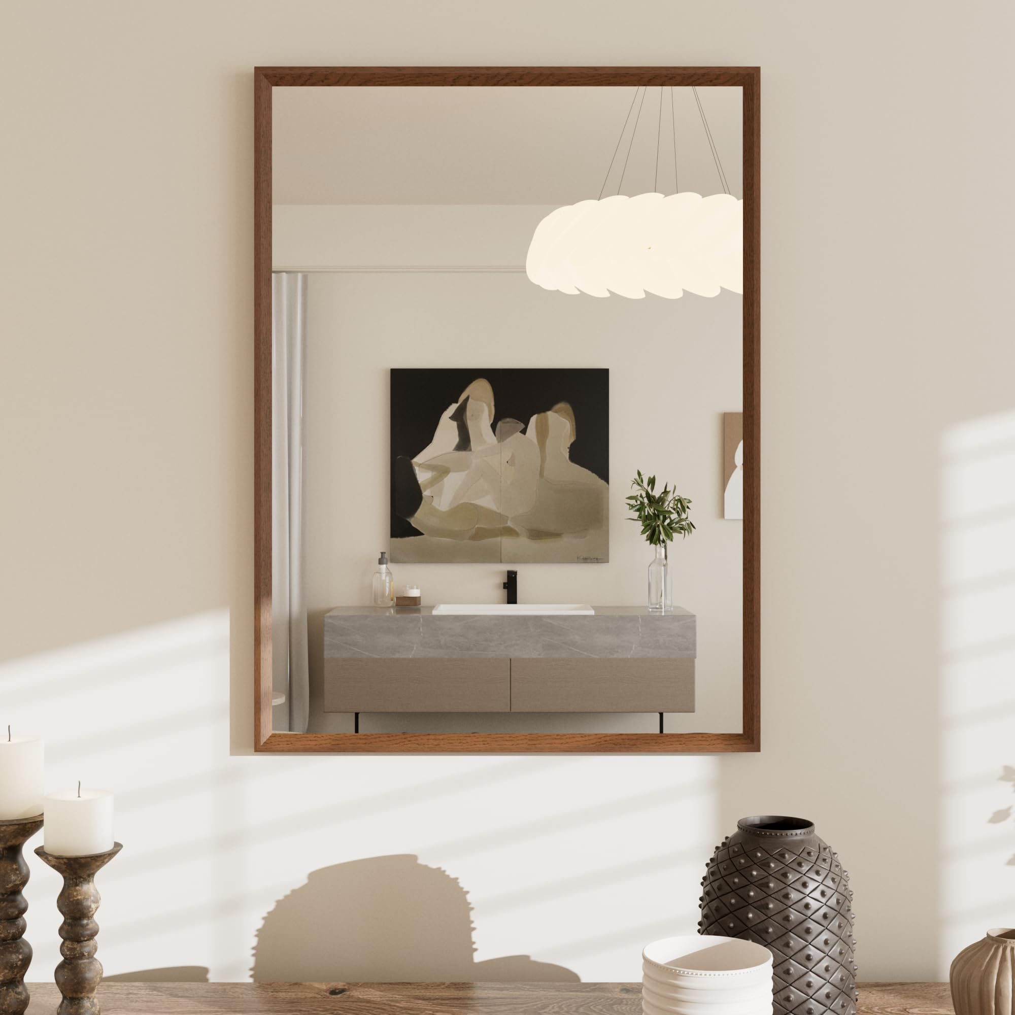 WEER Brown Bathroom Mirror, 56x76cm Polymer Frame Rectangular Wall Mirror with Wood Effect, Moisture-Resistant Vintage Home Decor for Bathroom, Bedroom, Living Room, Horizontal or Vertical — image 1