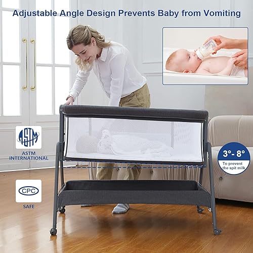 Miniatura 4 de ANGELBLISS Cuna para bebé con moisés, cuna de cama con cesta de almacenamiento y ruedas, fácil de plegar, cuna portátil con altura ajustable para