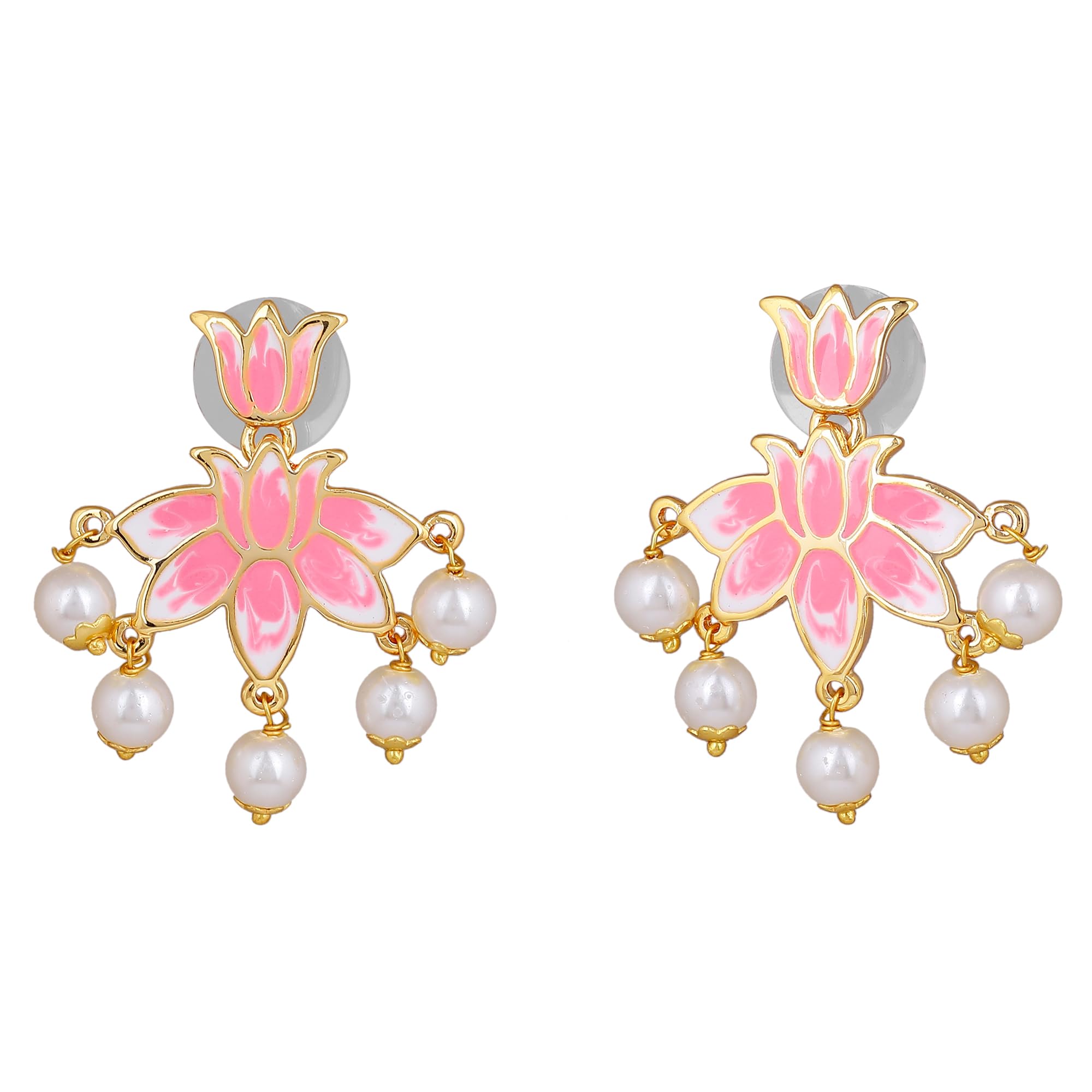 Lotus Pink Plated Earrings with Pearl Drop