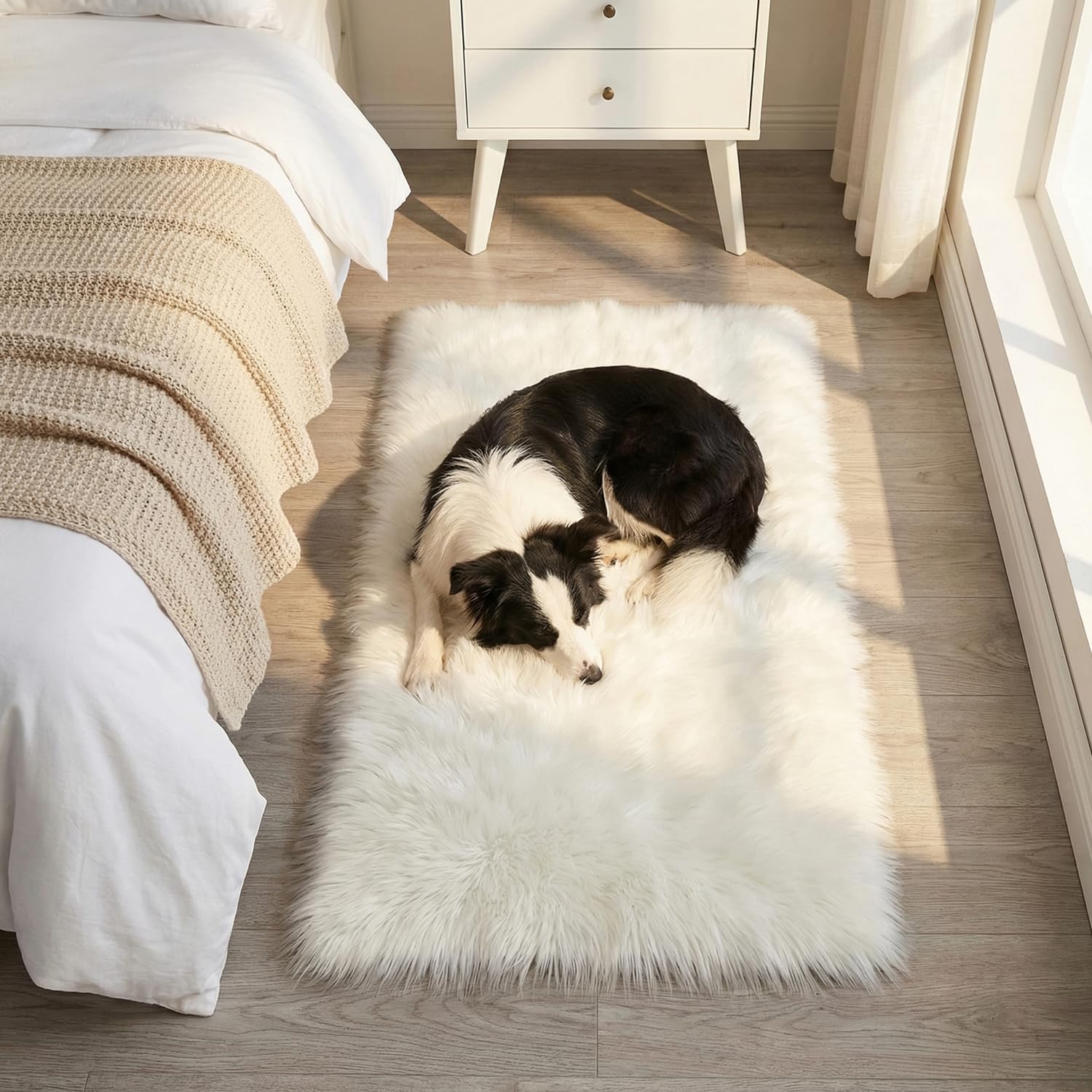 Mishukaze Plush Faux Sheepskin Rug-Ultra Soft Fluffy Bedside Carpet,Machine Washable Anti Slip Floor Mat,Silky Shag Area Rug for Bedroom,Living Room & Kids Room Decor,White 60x110