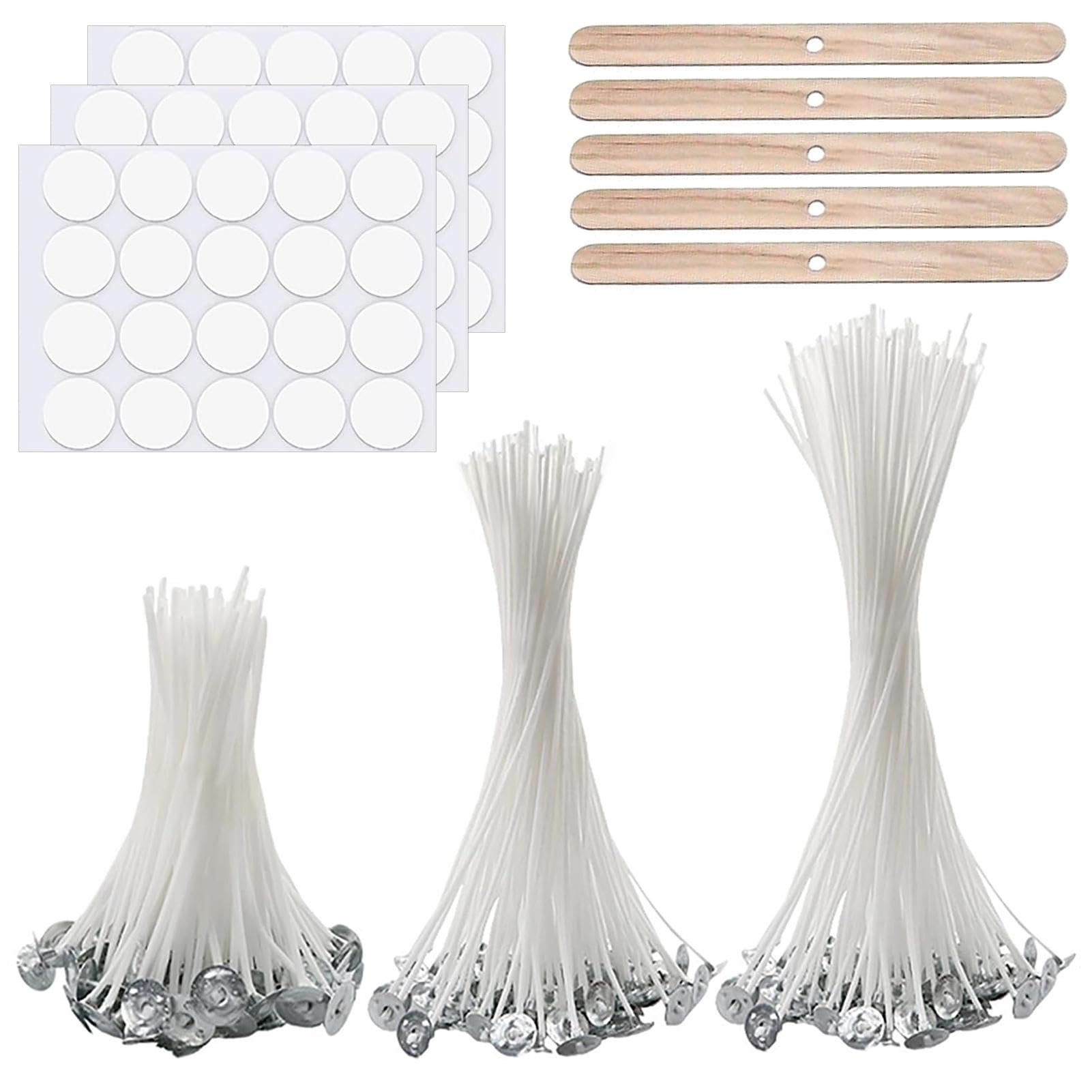 Candle Wicks for Making Candles, 150 Pcs 10cm/15cm/20cm Cotton Pre Waxed Candle-Wicks with 5Pcs Candle Wick Holders & 60 pcs Dot Stickers, for Candle-Making Candles DIY