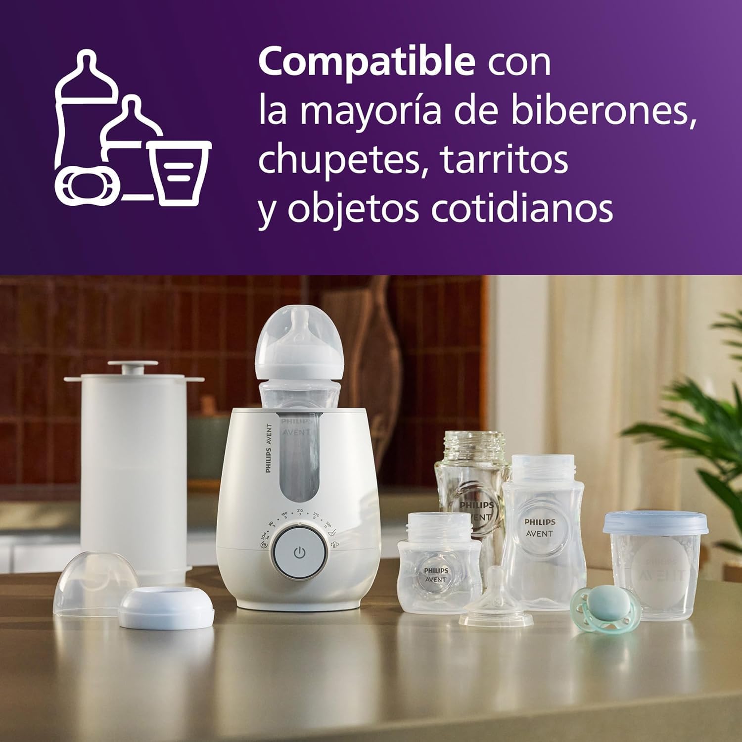 Calentador y esterilizador 2 en 1 con tecnología de baño de agua estándar de calidad hospitalaria, sensor de temperatura inteligente, prevención de zonas calientes, SCF359/00