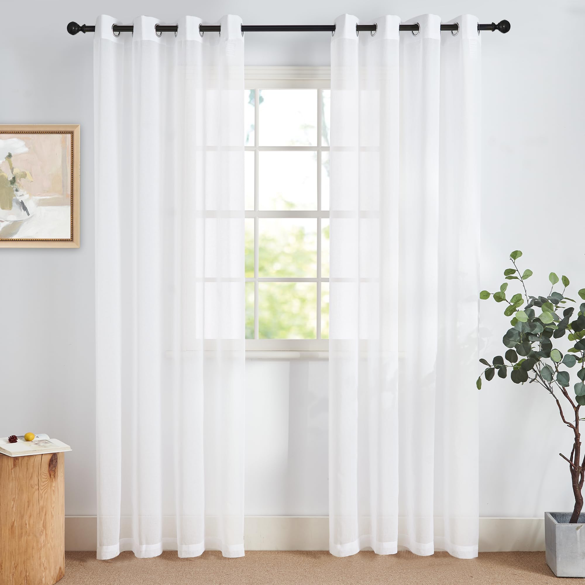 NICETOWN White Transparent Voile Curtains with Eyelets for Living Room Modern Linen Look Curtain White Eyelet Curtain Set of 2 Transparent H 215 x W 140 cm