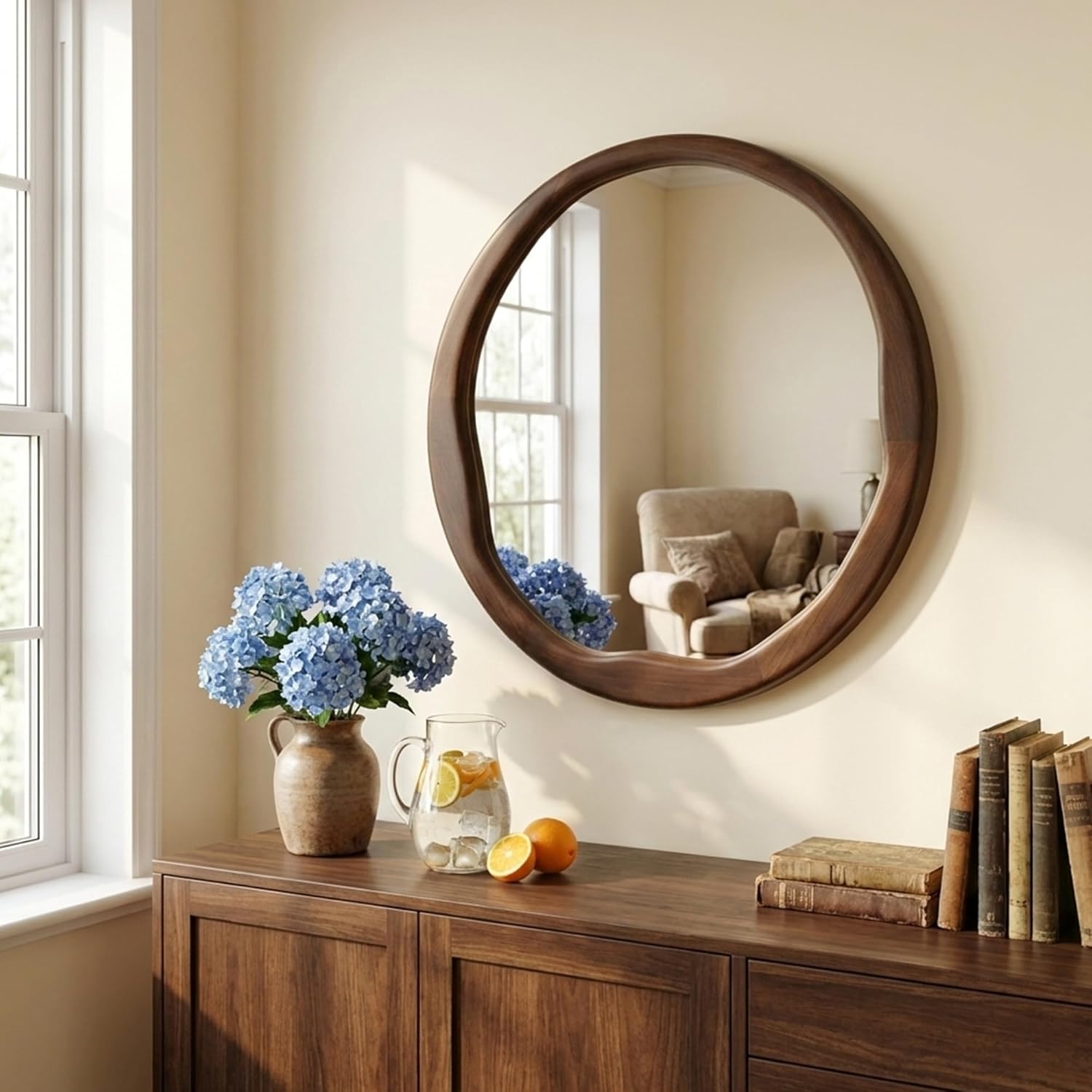 Dark Walnut Round Wall Mirror 24 Inch, Solid Wood Framed Mirror with Asymmetrical Wavy Inner Edge for Entryway, Organic Decor for Hallway & Bathroom