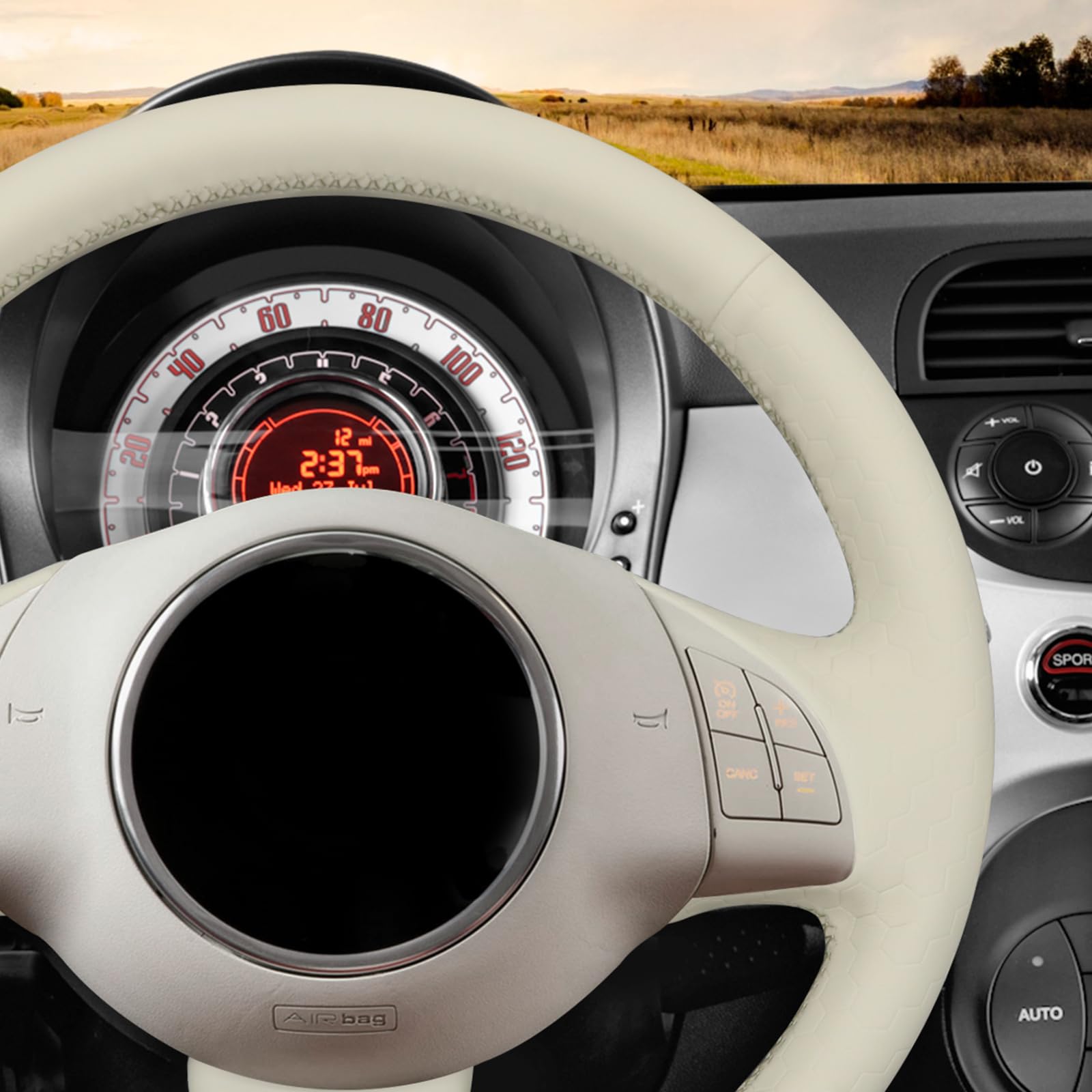 MEWANT Stitch Beige - Coprivolante in similpelle morbida goffrata per Fiat 500 2007-2015 / 500e 2014-2018 / 500C 2014-2017