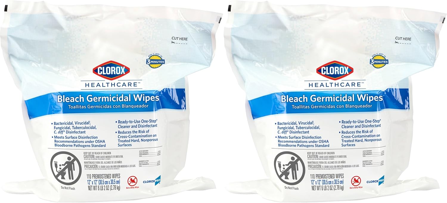 Clorox Healthcare Bleach Germicidal Wipes, Refill for Bucket, 110 Count, Pack of 2 (Package May Vary)
