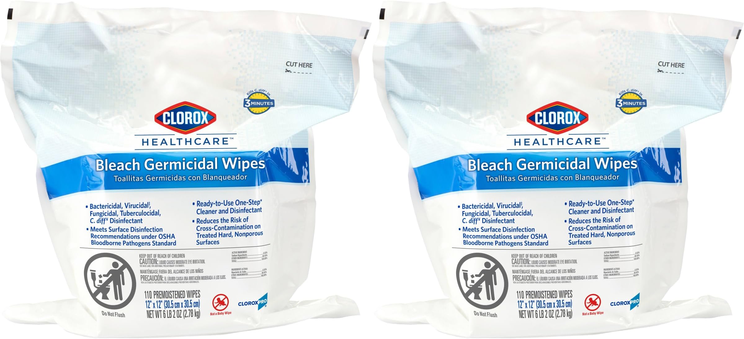 Clorox Healthcare Bleach Germicidal Wipes, 12" x 12", Refill for Bucket, 110 Count Pouch, Pack of 2 (Package May Vary)