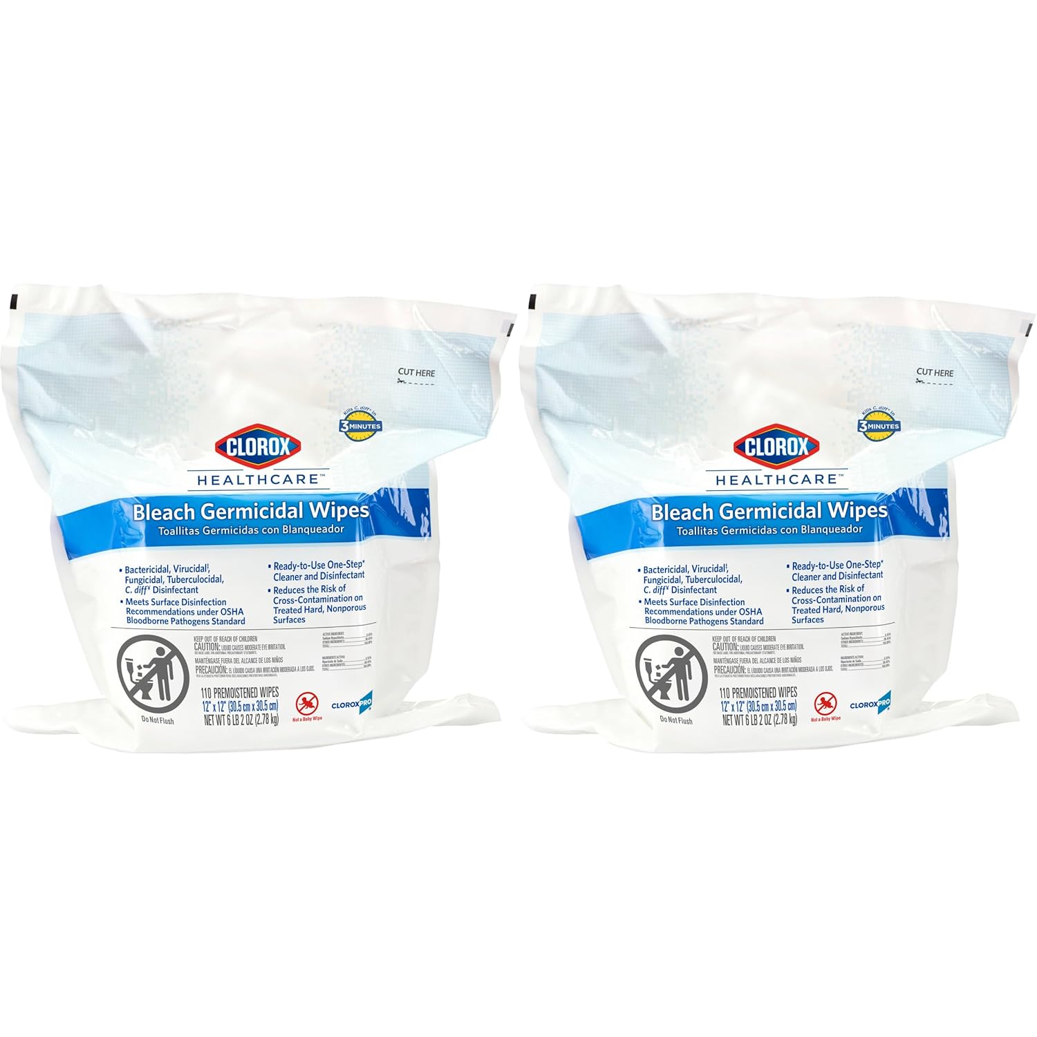 Clorox Healthcare Bleach Germicidal Wipes 12 x 12 Refill for Bucket 110 Count Pouch Pack of 2 Package