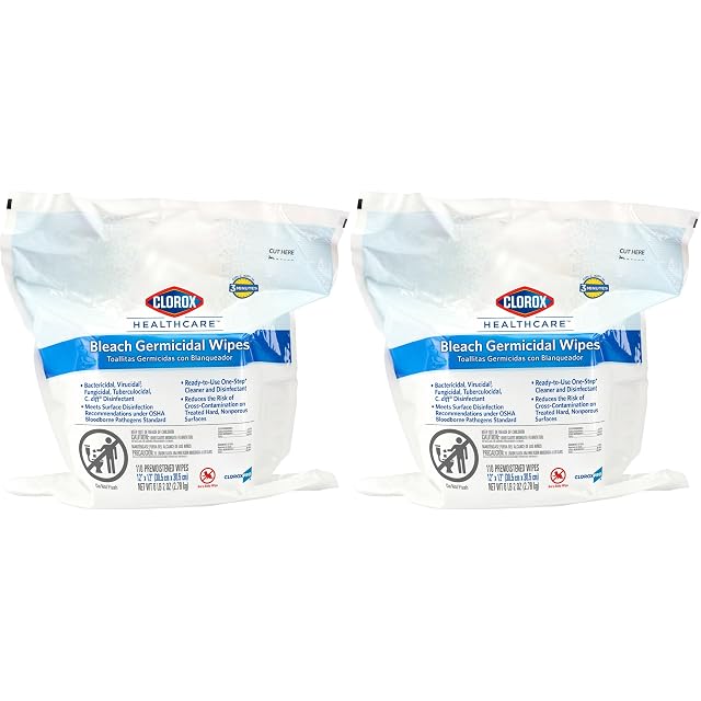 Clorox Healthcare Bleach Germicidal Wipes 12 x 12 Refill for Bucket 110 Count Pouch Pack of 2 Package