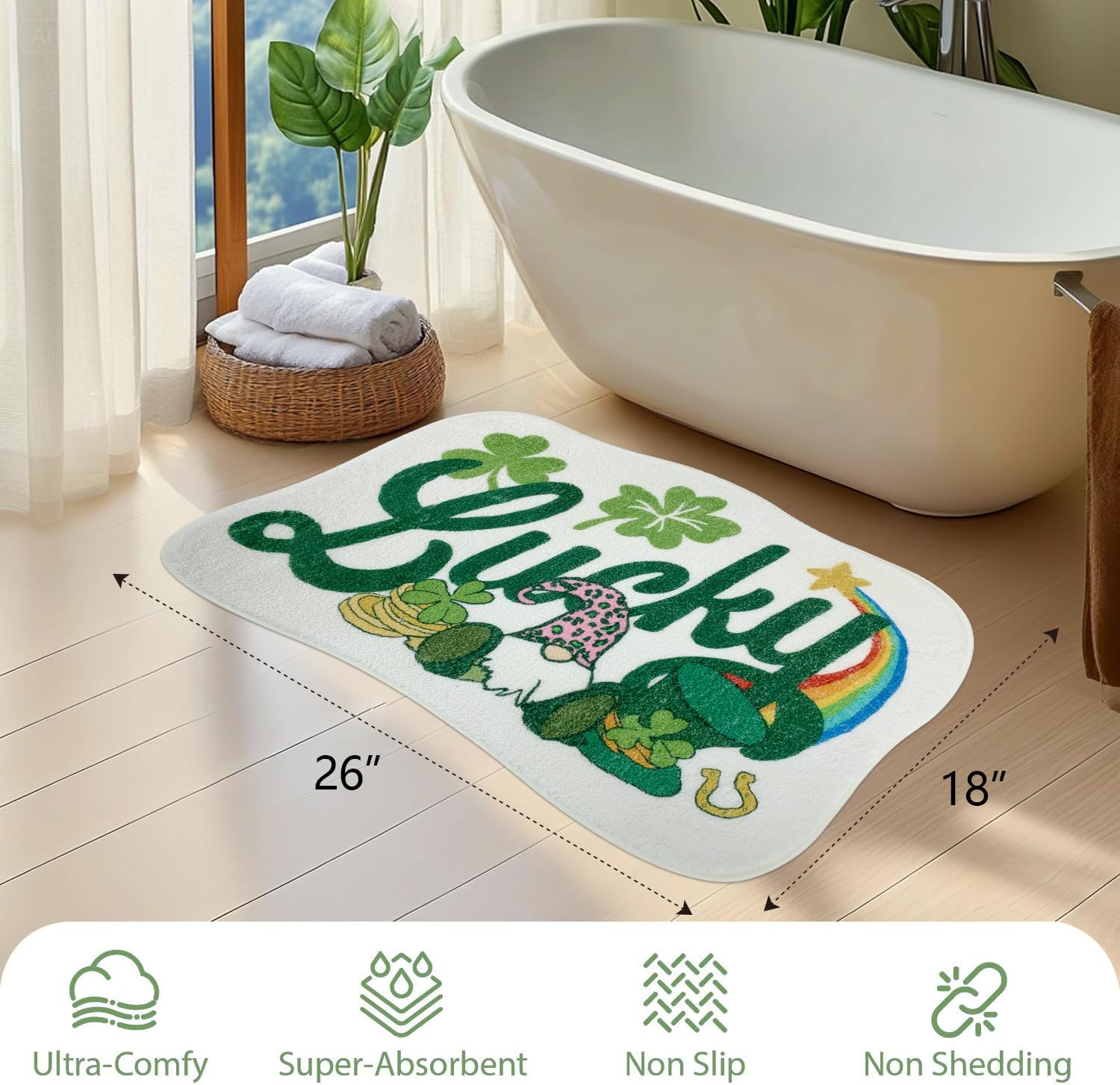 Lucky Shamrock St Patrick Gnome Bath Mat, Soft Fluffy Doesn’t Shed Microfiber Non-Slip Bathroom Rug, Holiday Bathtub Aesthetic Decoration(Green 18x26in) - Image 2