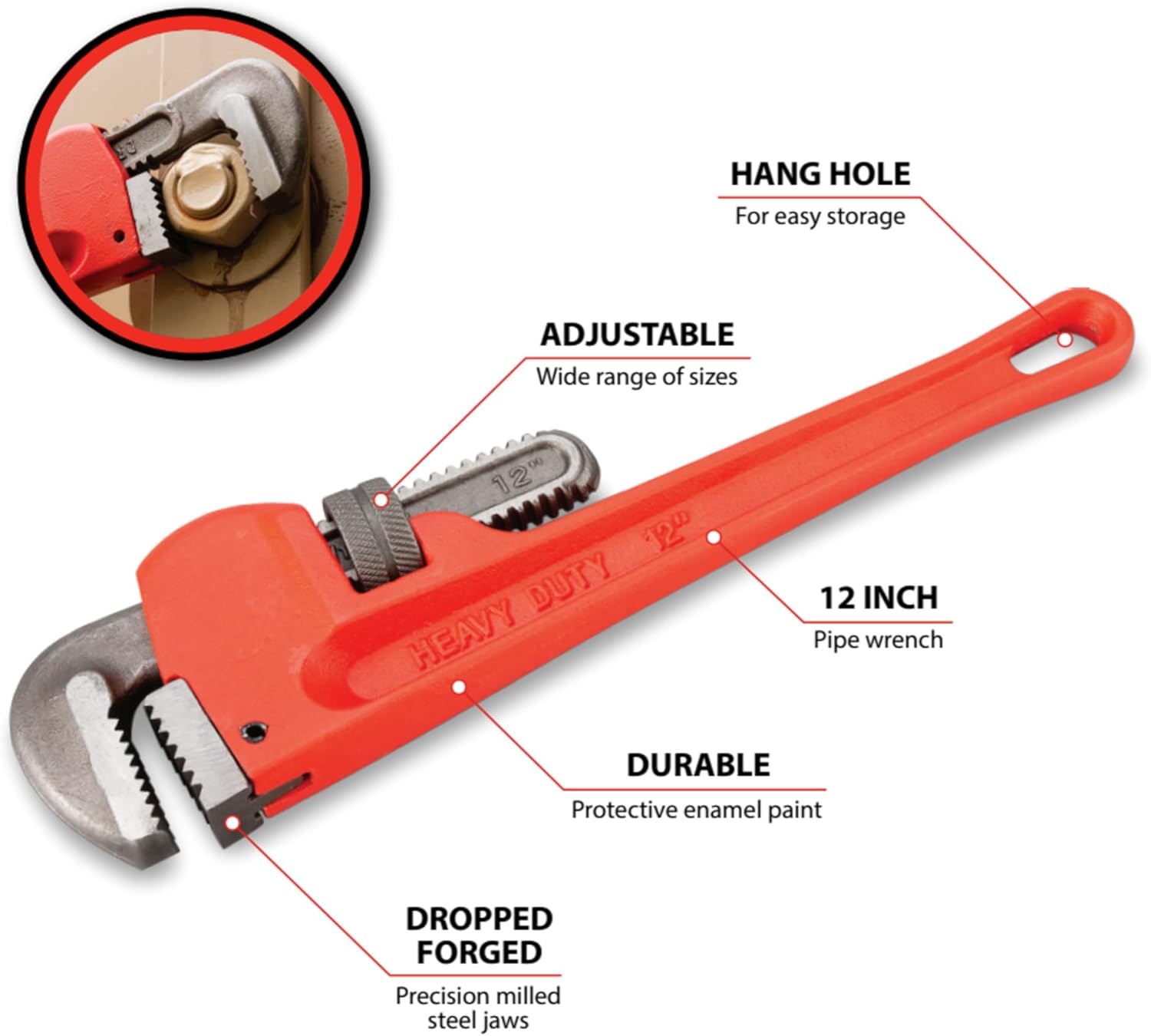 Performance Tool W1133-12B Heavy-Duty Adjustable Straight Pipe Wrench, 12-inch