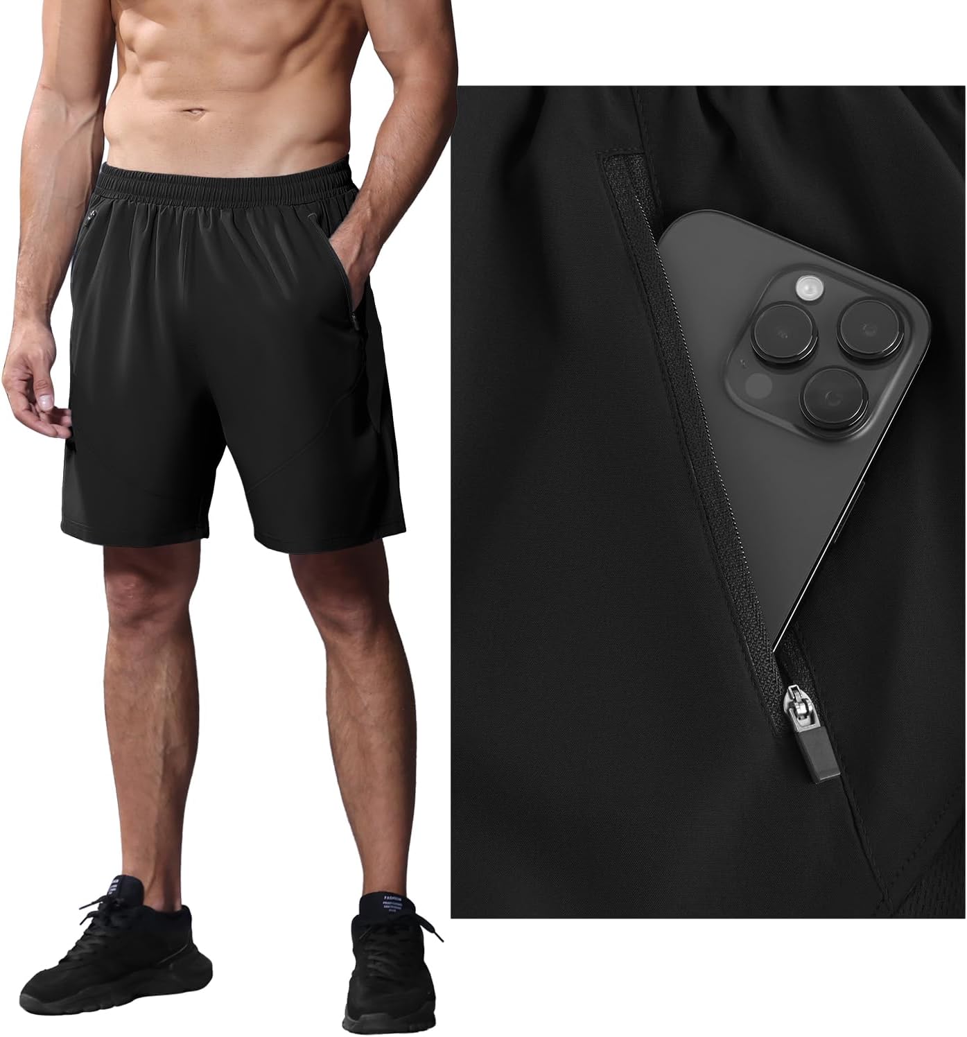 Die idealen Herren Sport Shorts: Leicht, schnell trocknend & mit Reißverschlusstasche!