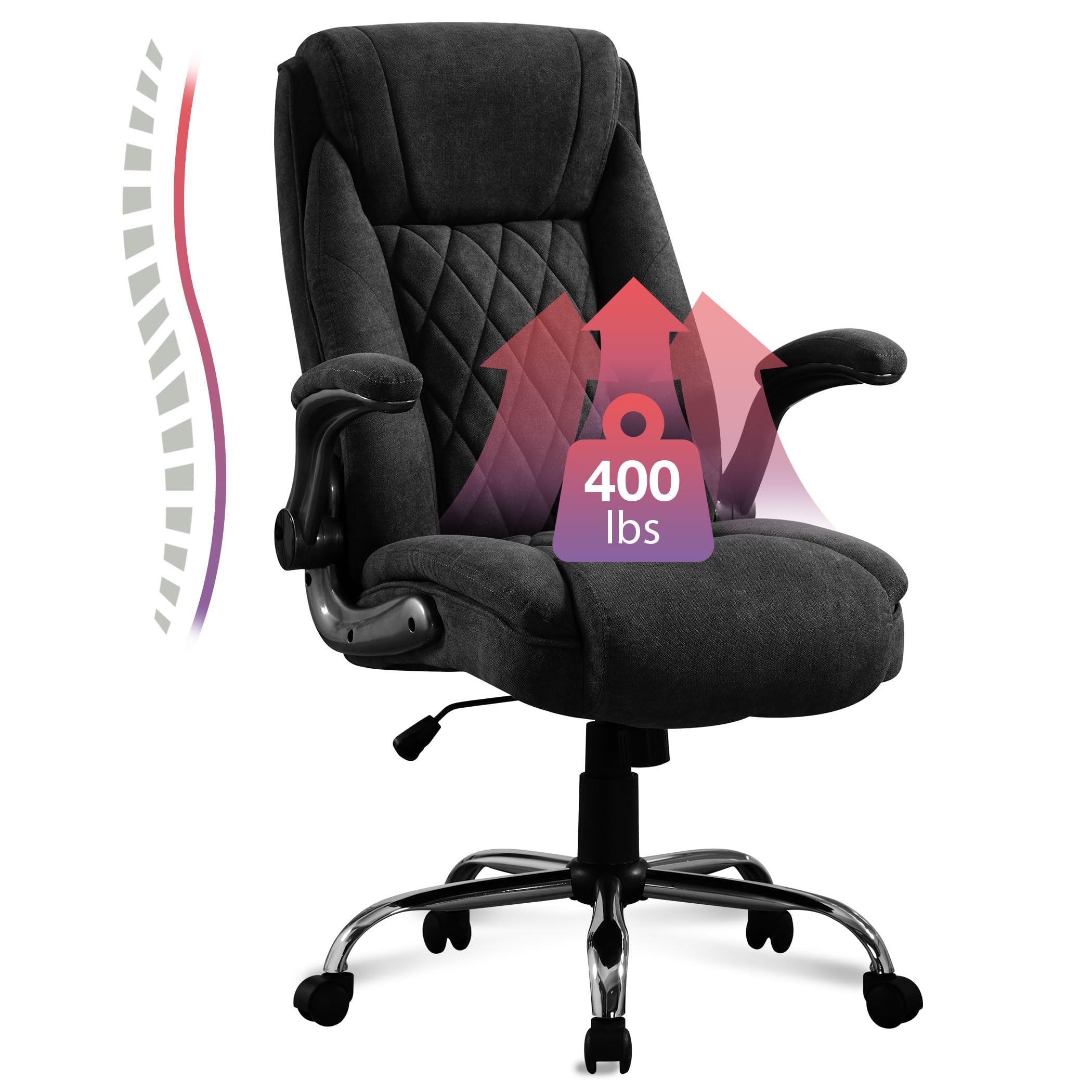 KWKSV Big and Tall Fabric Office Chair 400lbs, High Back Executive Computer Desk Chair with Flip Up Armrest, Breathable Fabric Adjustable Height